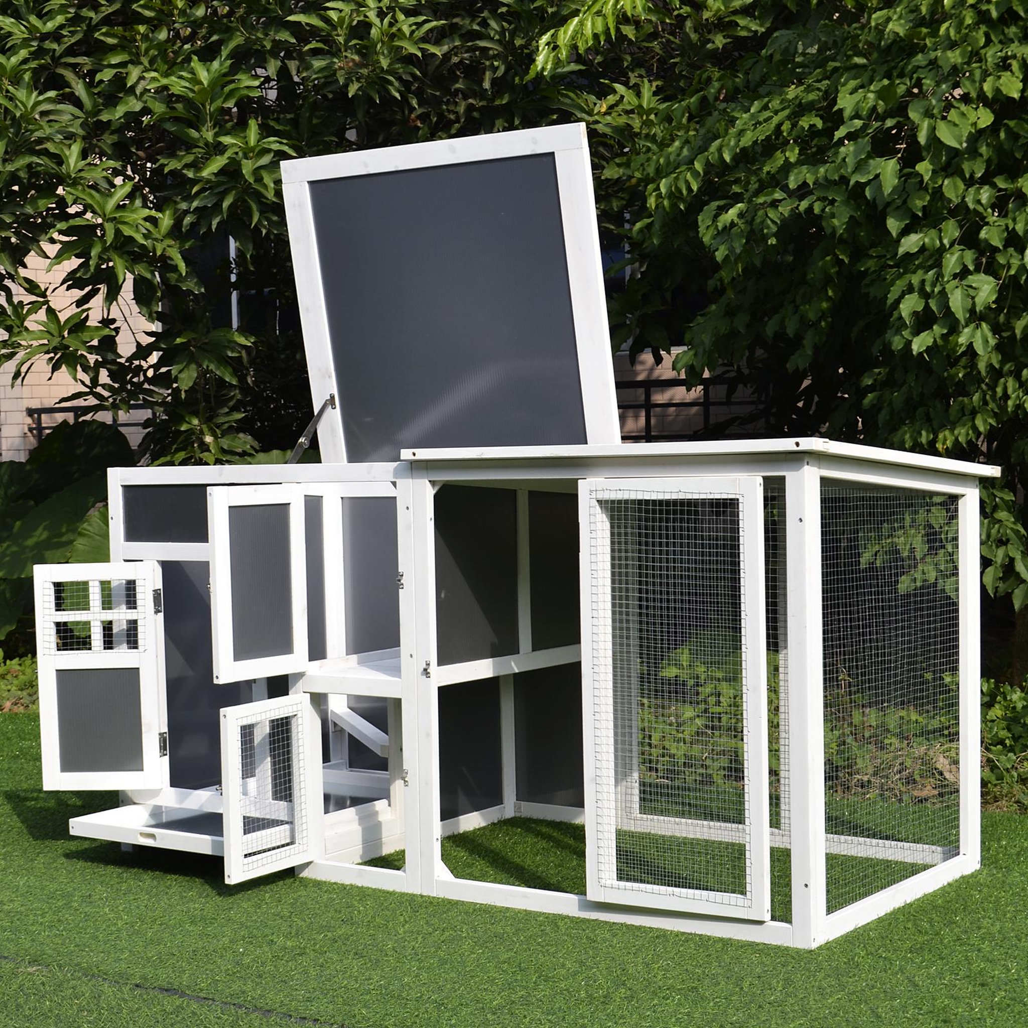 Voir la diapositive 2 : PAWHUT Poulailler multi-équipements niche toit ouvrant perchoir pondoir enclos tiroir à déjection 160L x 75l x 80H cm bois massif pin gris blanc