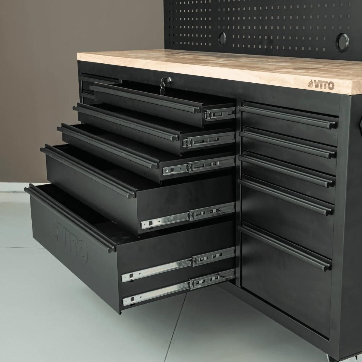 VITO Etabli d'atelier sur roues Armoire 3 Portes 182 x 51 x 186 cm 15 tiroirs à frein - Plan de travail Bois Charge 500kg - VITO