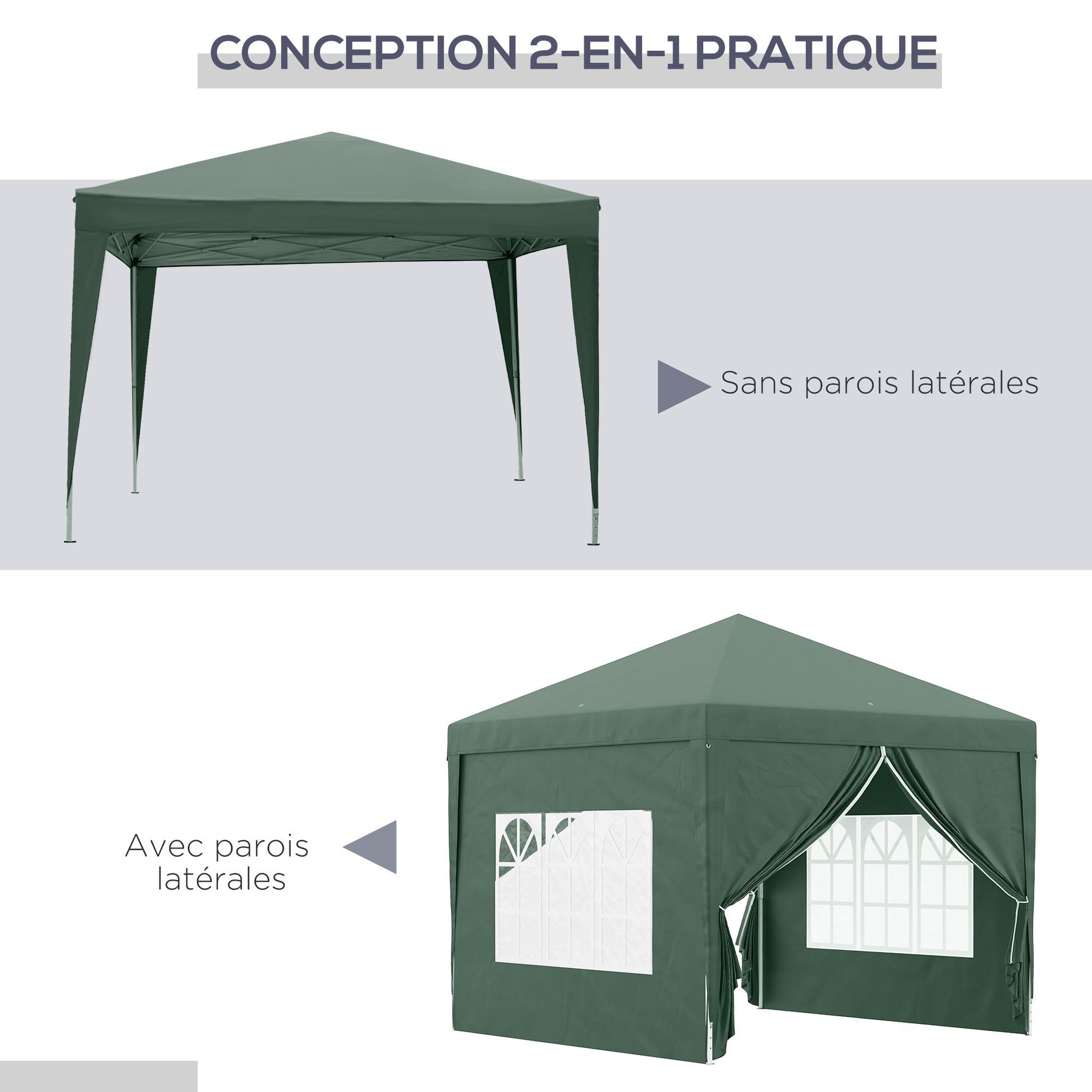 Voir la diapositive 6 : OUTSUNNY Tonnelle barnum pop-up pliant dim. 3L x 3l x 2,58H m 2 fenêtres sac transport acier Oxford vert