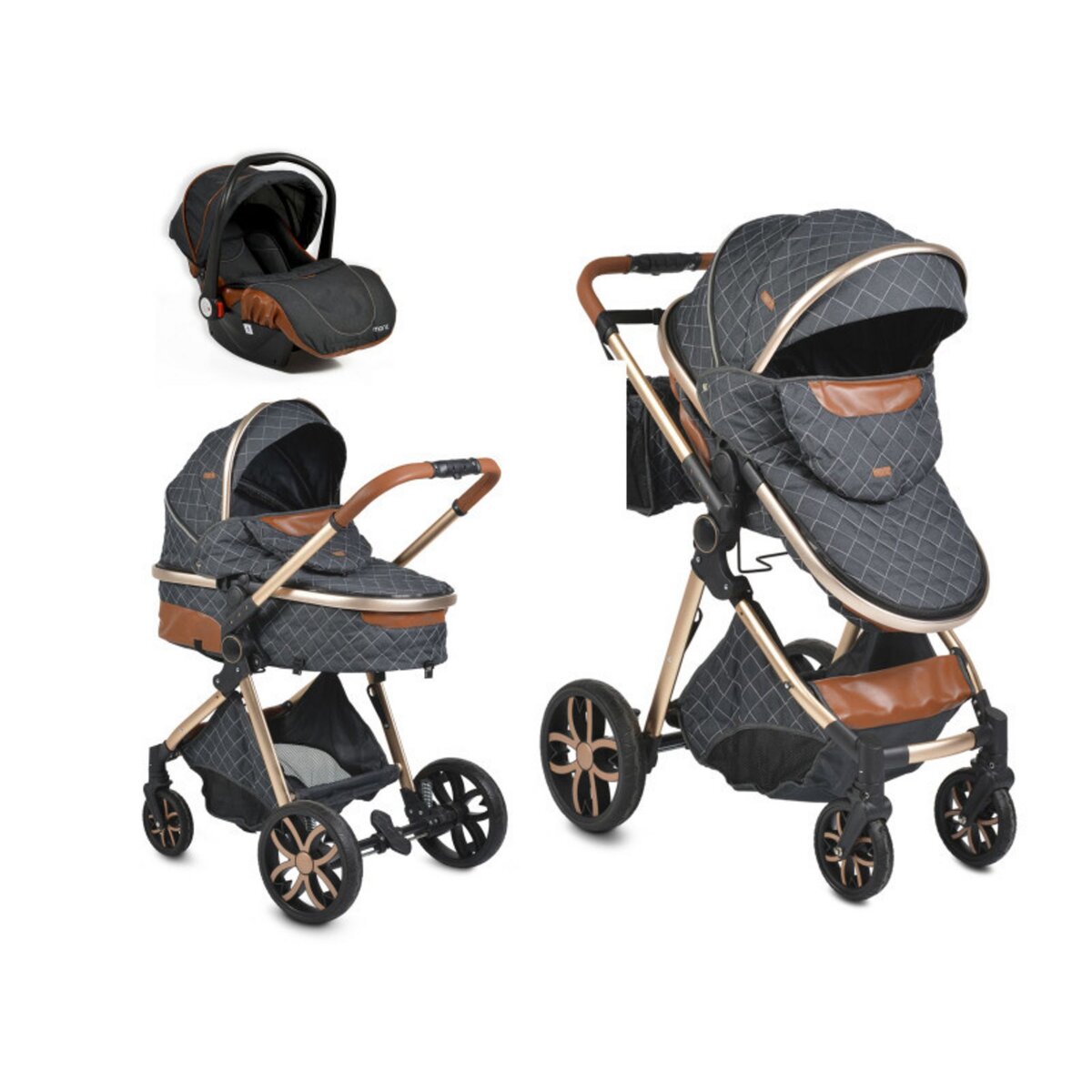 BEBELISSIMO - Poussette combinée trio 3 en 1 - siège auto 0m – nacelle –  dès la naissance – jusqu’à 22kg – Premium - Gold Edition