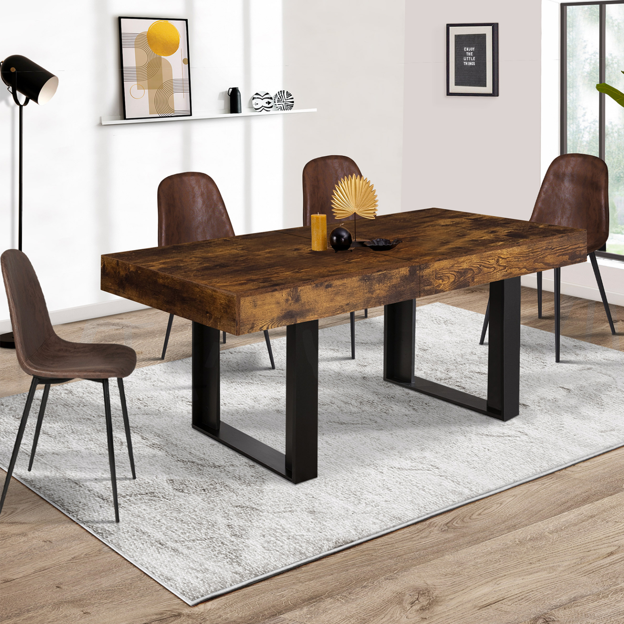 Voir la diapositive 4 : ID MARKET Table à manger extensible rectangle phoenix 4-8 personnes bois effet vieilli et noir 160-200 cm