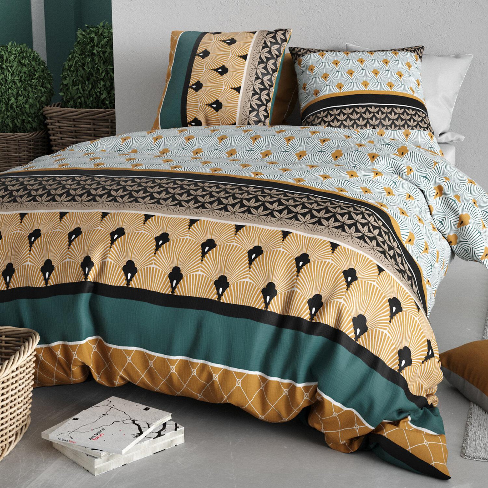 Voir la diapositive 2 : ATELIER DU COTON Parure housse de couette imprimée 100% coton 57fils palum