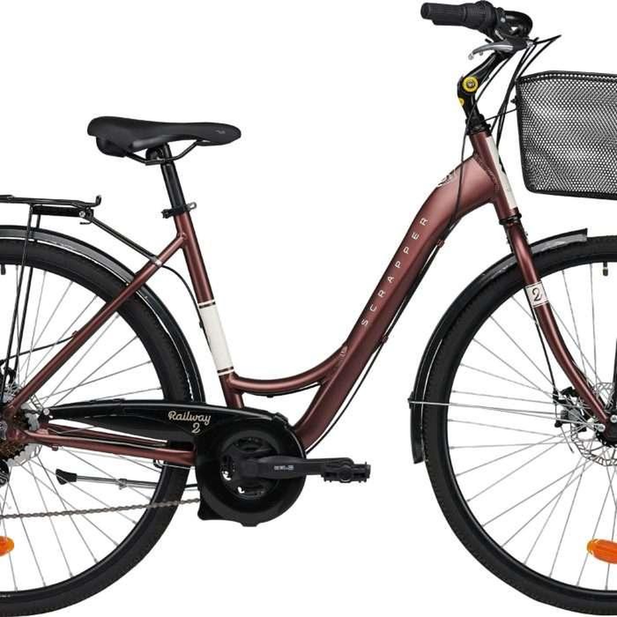 Voir la diapositive 2 : SCRAPPER Vélo VTC 28'' Ville Rigide Femme Alu  Scrapper Railway 2  - Taille M (1.60 m - 1.75 m) - 18 vitesses - Enjambement bas – Freins V-Brake - Shimano -  Equipé City - Double freins à disque - Potence réglable Alu