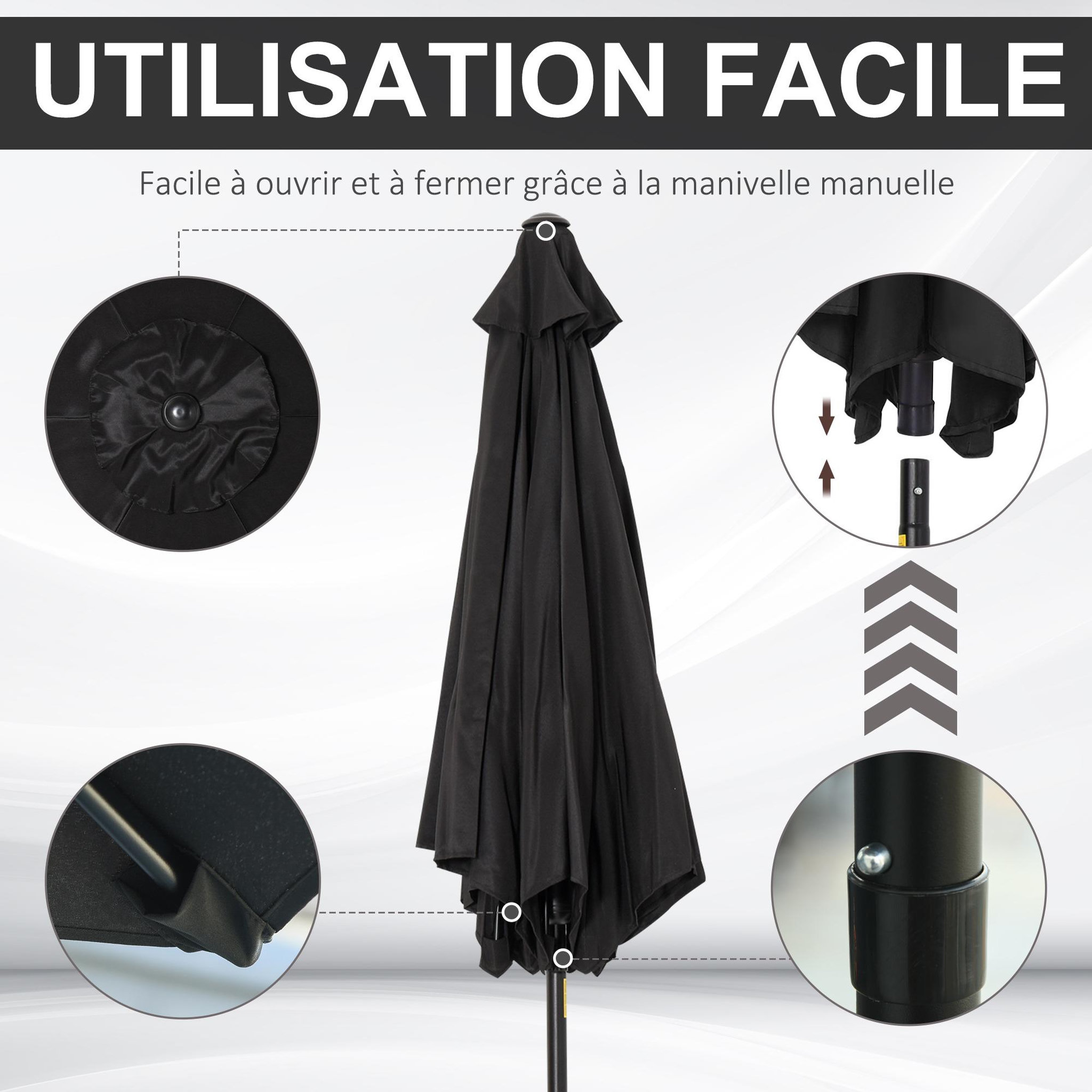 Voir la diapositive 6 : OUTSUNNY Parasol inclinable de jardin balcon terrasse manivelle toile polyester imperméabilisée haute densité 180 g/m² Ø2,7 x 2,35H m alu noir