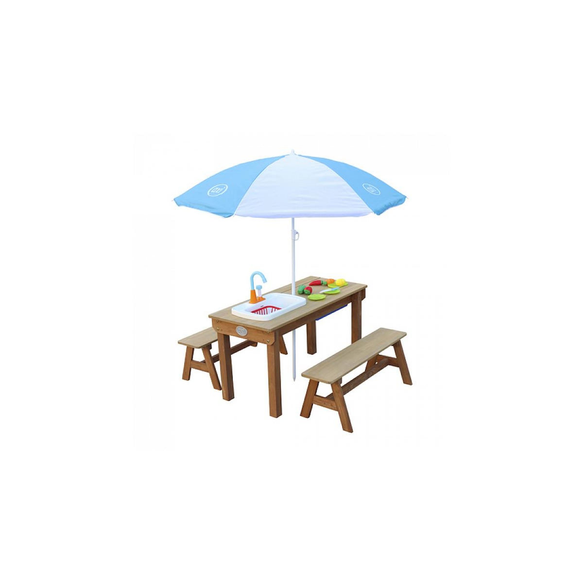 Axi House AXI Dennis Table sable et eau Picnic avec cuisine evier et banc Marron Parasol Bleu Blanc