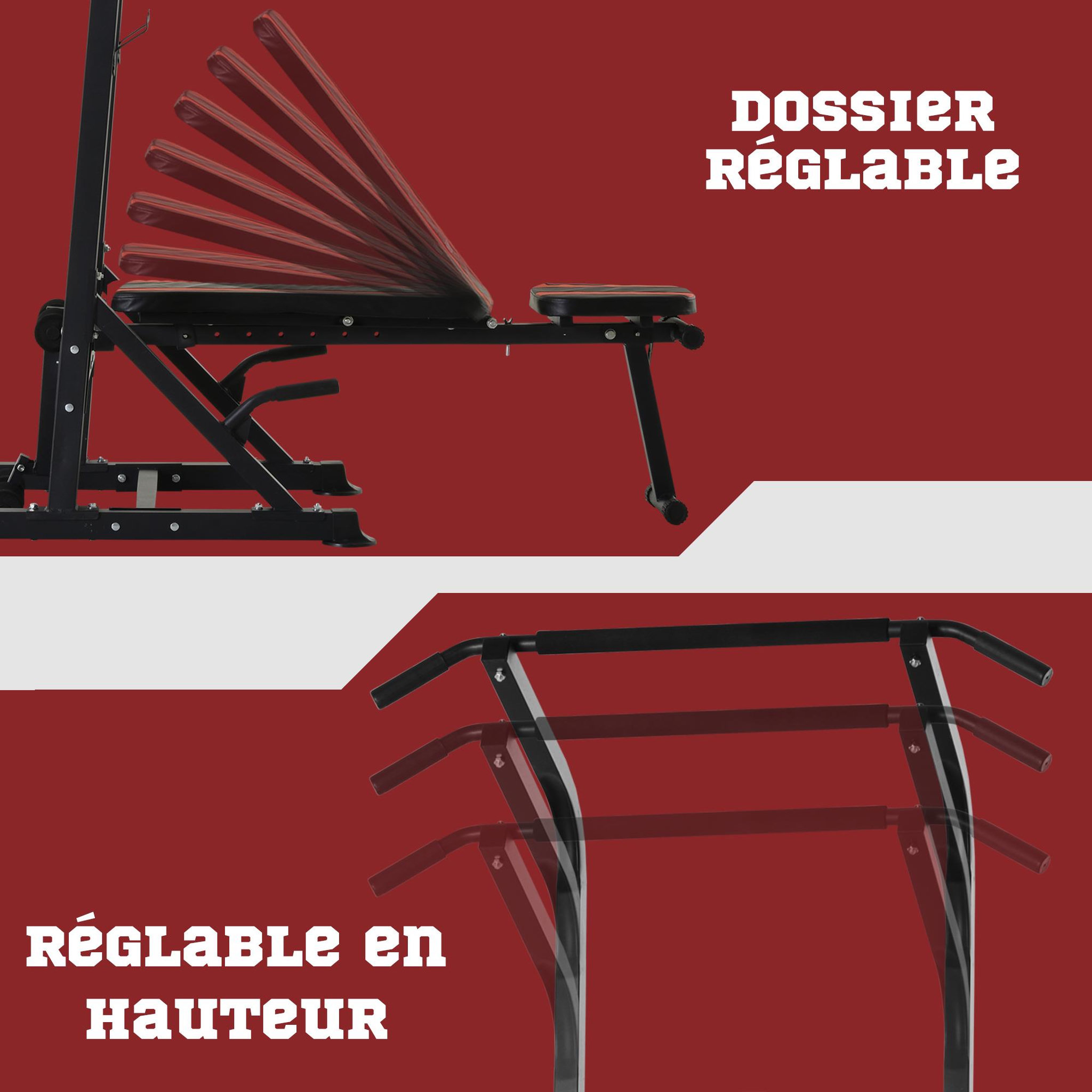 Voir la diapositive 5 : HOMCOM Station de musculation Fitness entrainement complet - barre de traction, à dips, banc de musculation pliable, poignées push-up  - acier noir