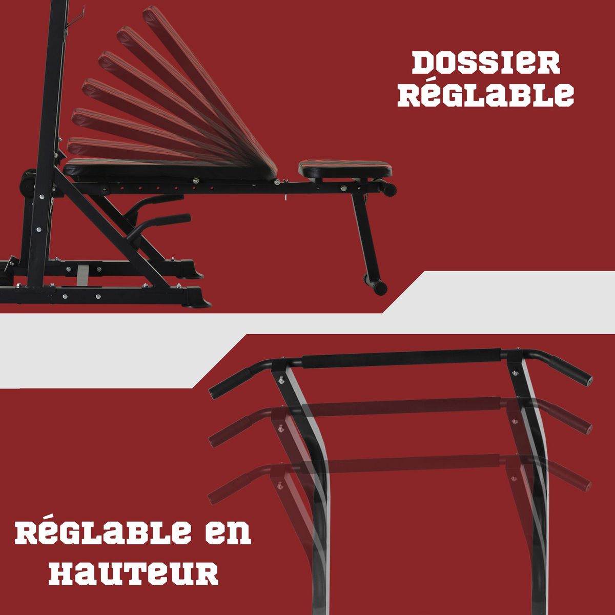 HOMCOM Station de musculation Fitness entrainement complet - barre de traction, à dips, banc de musculation pliable, poignées push-up  - acier noir