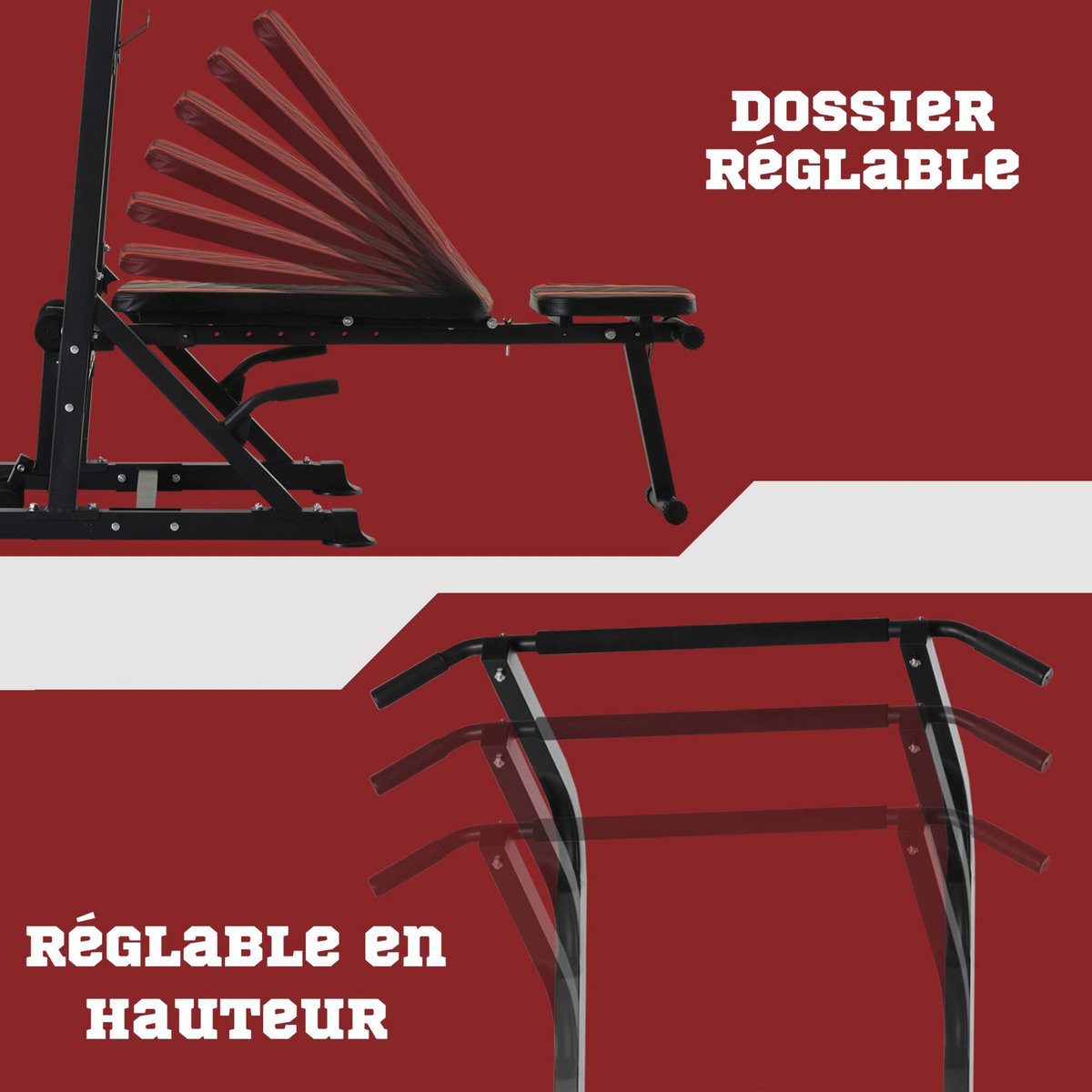 HOMCOM Station de musculation Fitness entrainement complet - barre de traction, à dips, banc de musculation pliable, poignées push-up  - acier noir