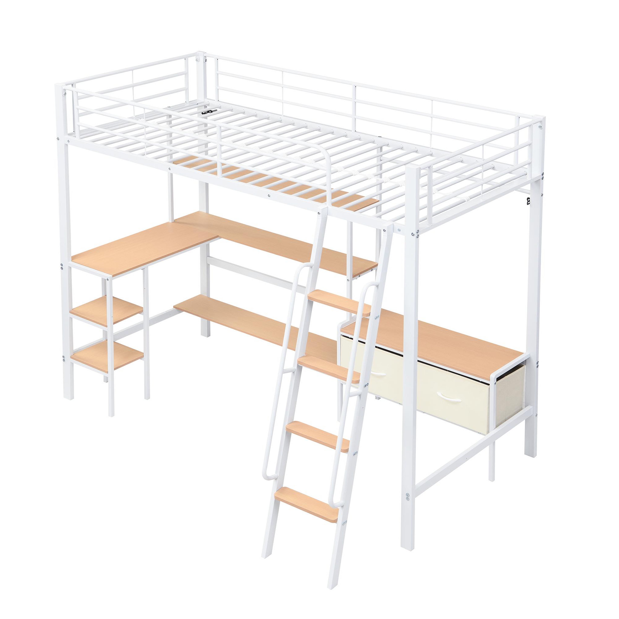 Voir la diapositive 5 : MERAX Lit mezzanine 90x200 cm avec bureau rangement étagère et échelle inclinée en métal blanc