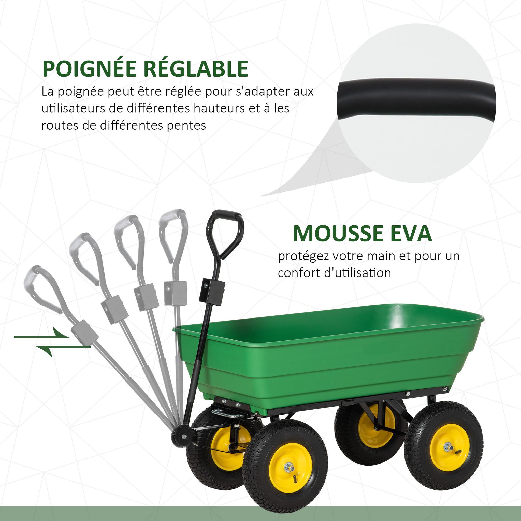 Voir la diapositive 5 : OUTSUNNY Chariot de jardin à main benne basculante 75° 125L charge max. 200 Kg 4 roues pneumatiques acier PP jaune vert