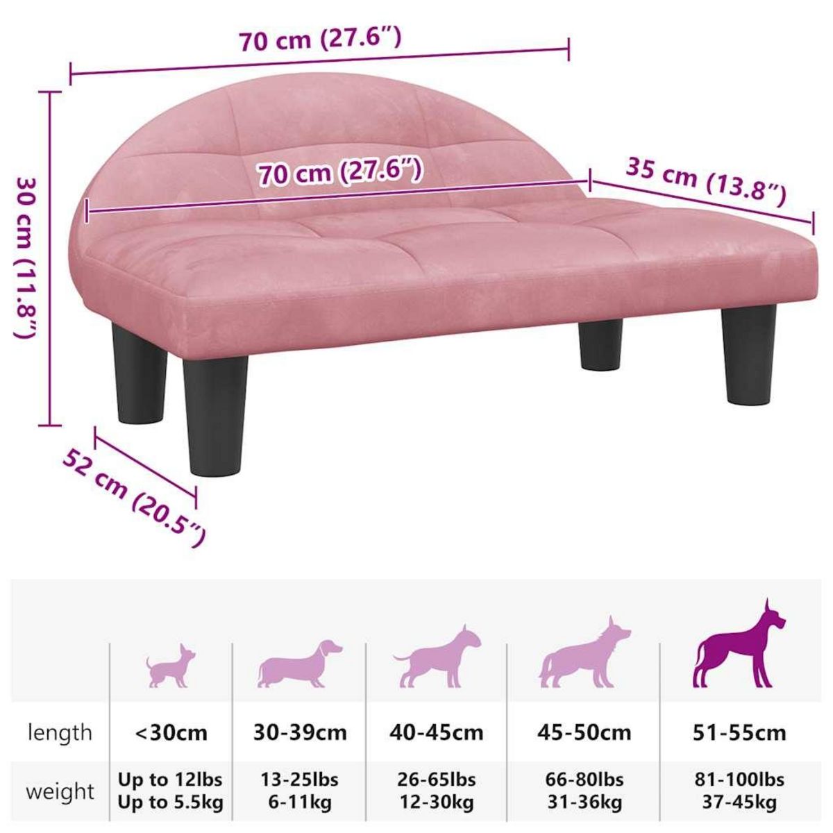 VIDAXL Lit pour chien rose 70x52x30 cm velours