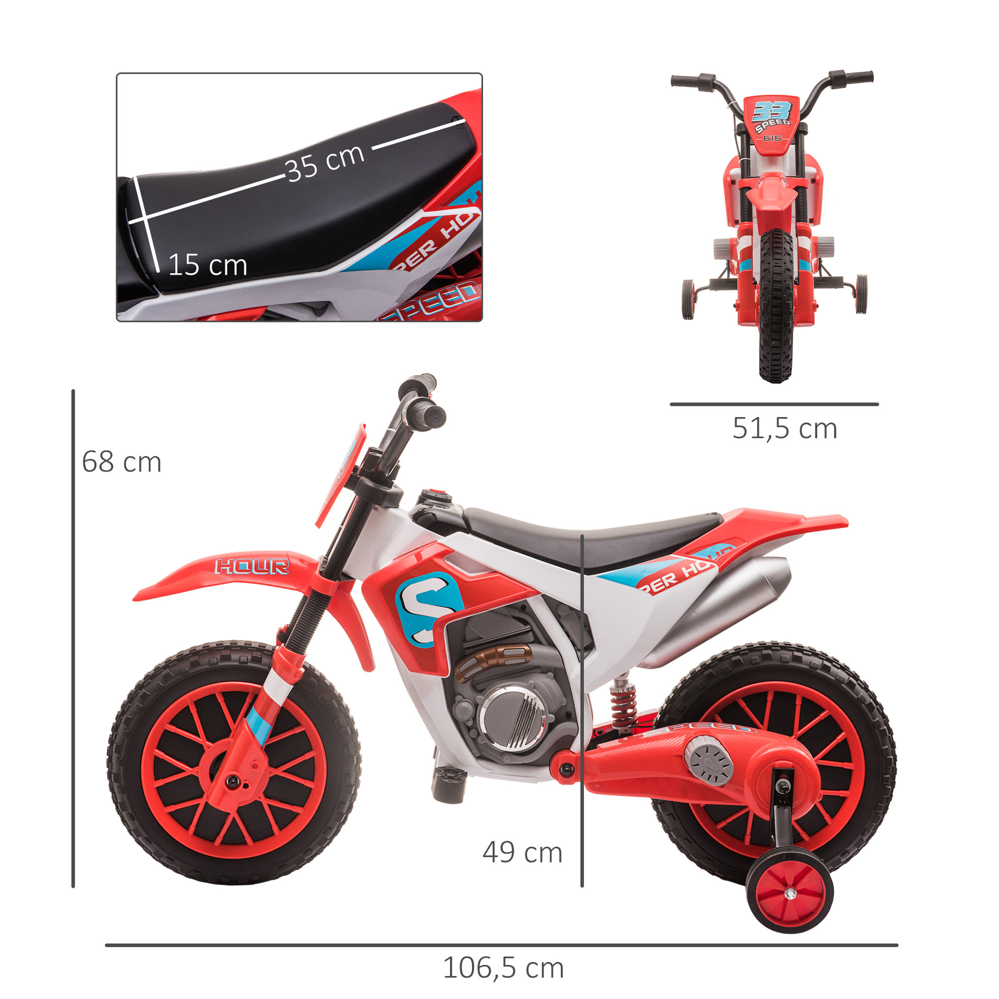 Voir la diapositive 3 : HOMCOM Moto cross électrique enfant 3 à 5 ans 12 V 3-8 Km/h  avec roulettes latérales amovibles dim. 106,5L x 51,5l x 68H cm rouge