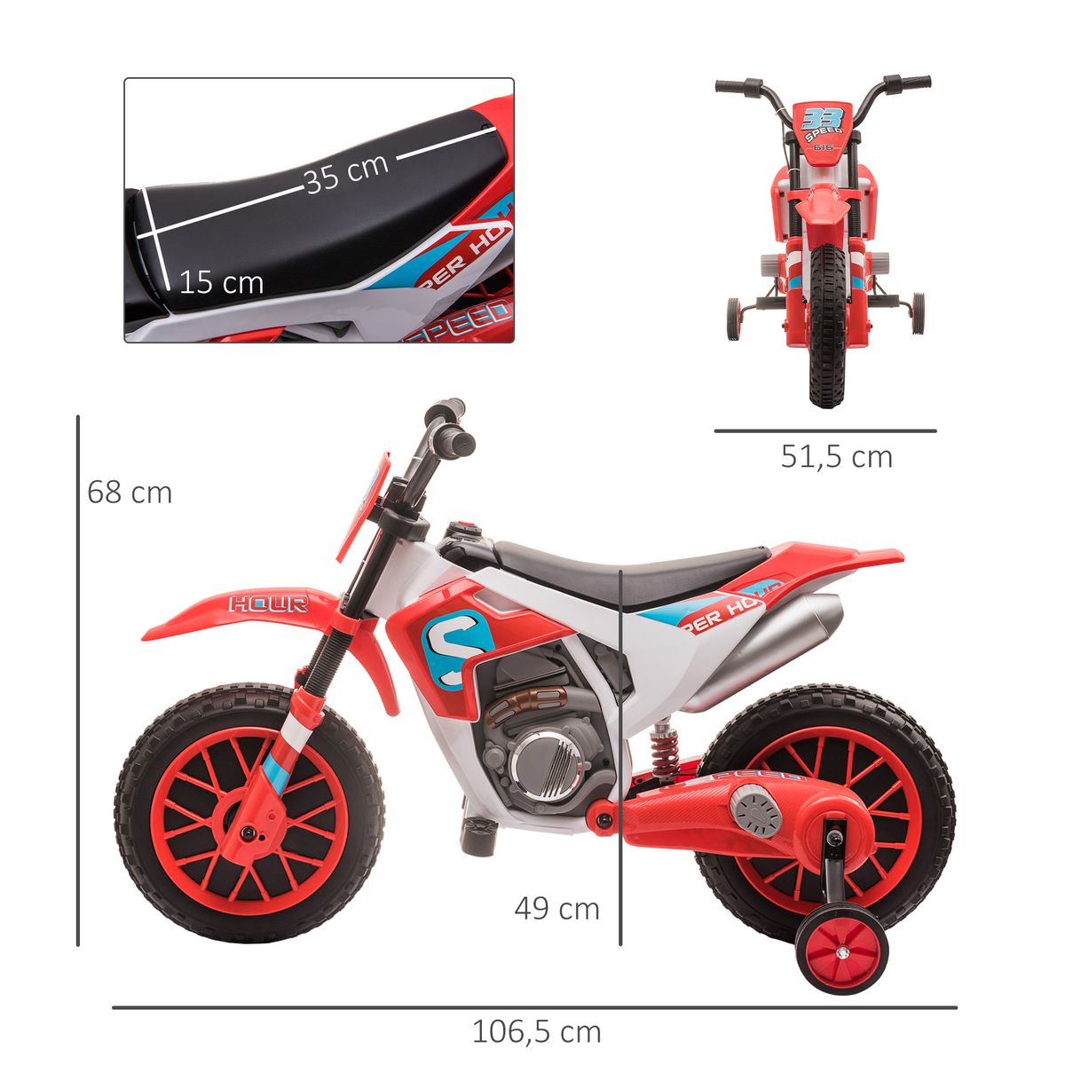 HOMCOM Moto cross électrique enfant 3 à 5 ans 12 V 3-8 Km/h  avec roulettes latérales amovibles dim. 106,5L x 51,5l x 68H cm rouge