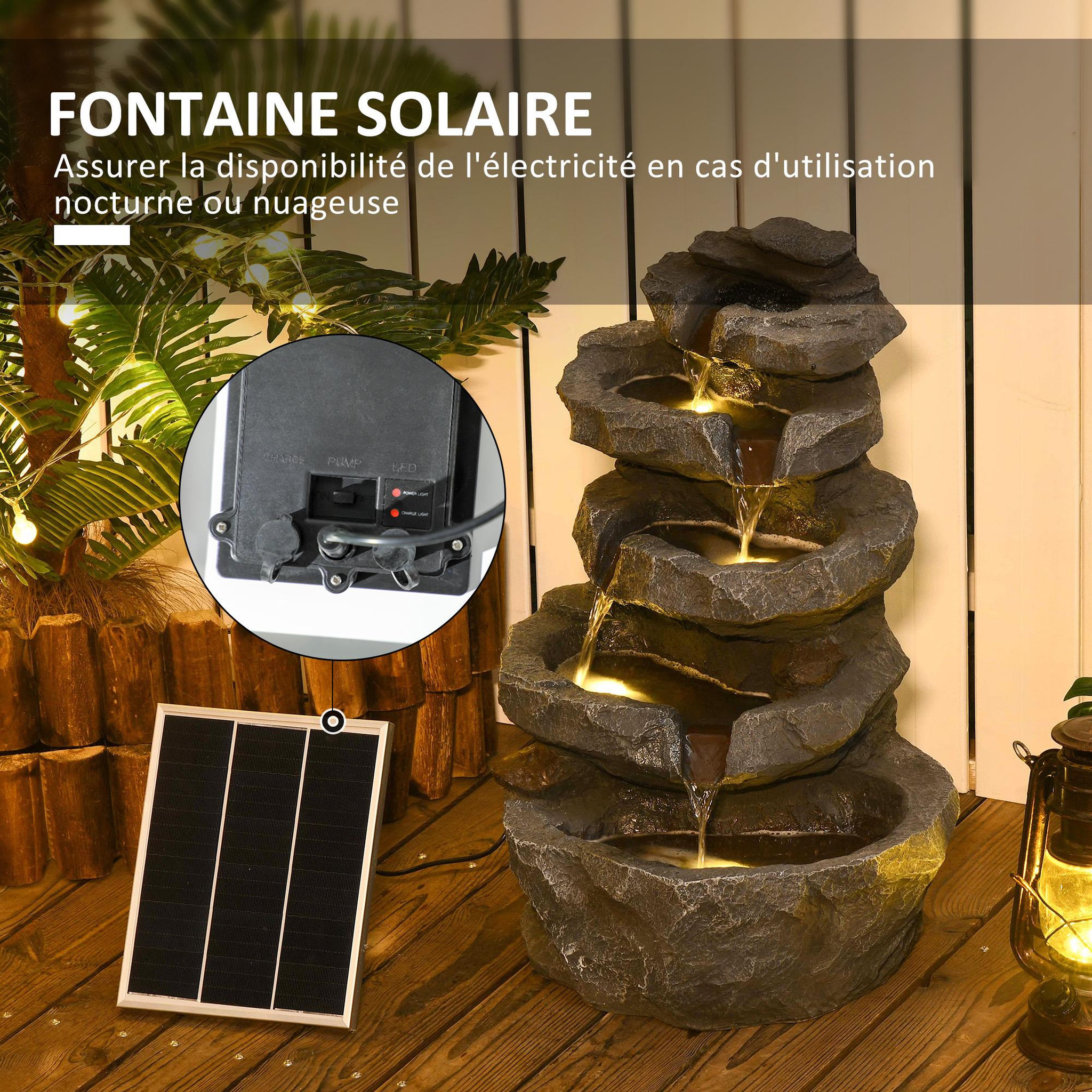 Voir la diapositive 5 : OUTSUNNY Fontaine de jardin à énergie solaire - fontaine roche cascade 5 niv. LED pompe incluse - résine gris