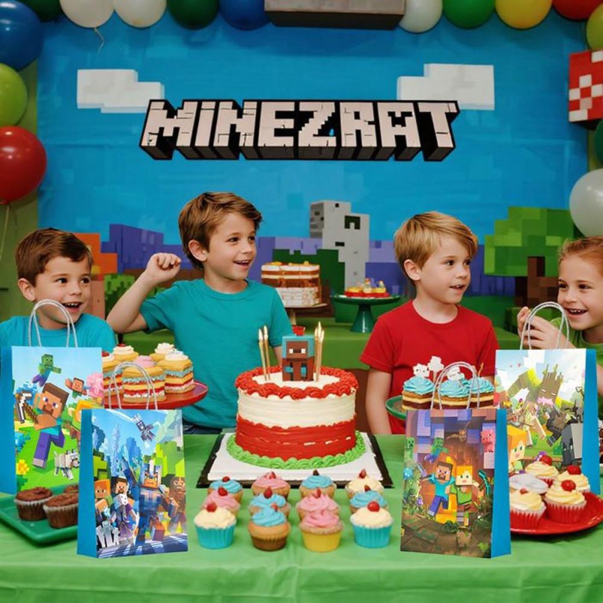 Voir la diapositive 3 : Coffret de 16 sacs cadeaux Minecraft en papier multicolore (4 modèles)