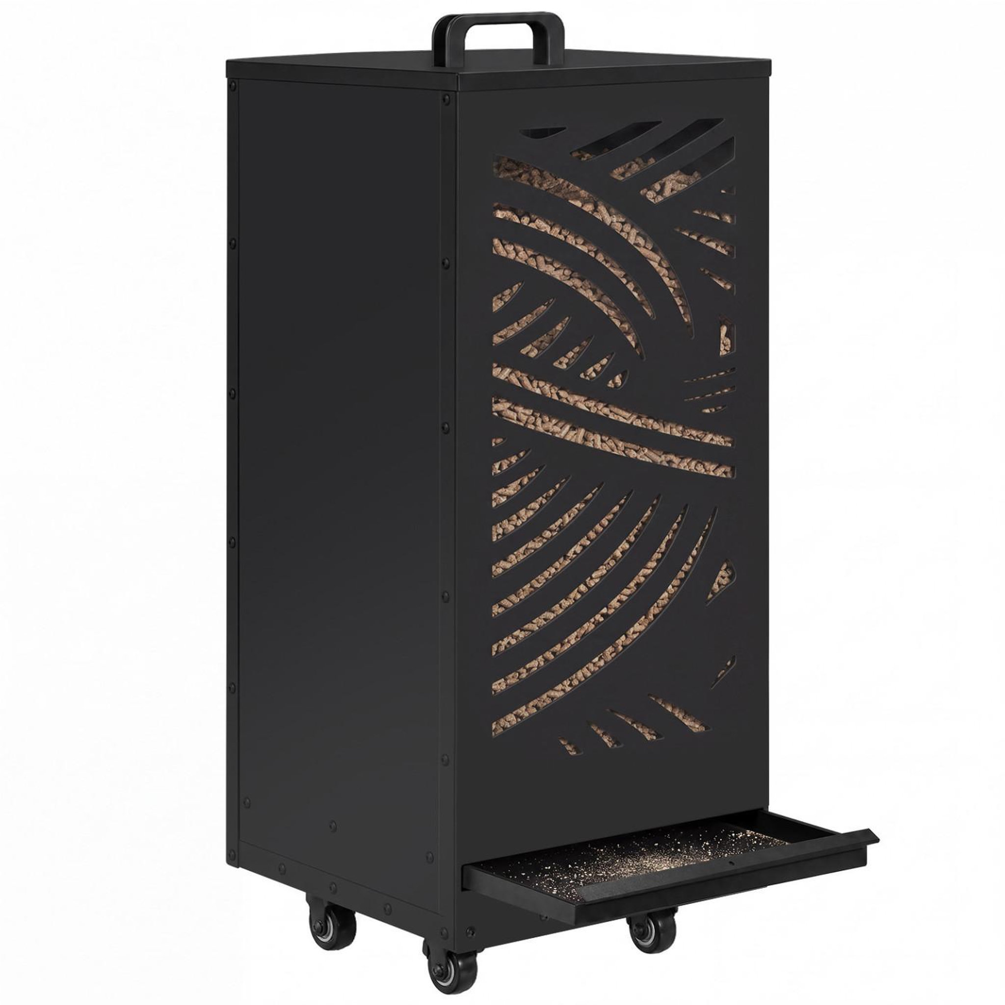 ID MARKET Réservoir à granulés 55 kg noir rangement à pellets 35 x 35 x 87 cm avec tiroir et motif