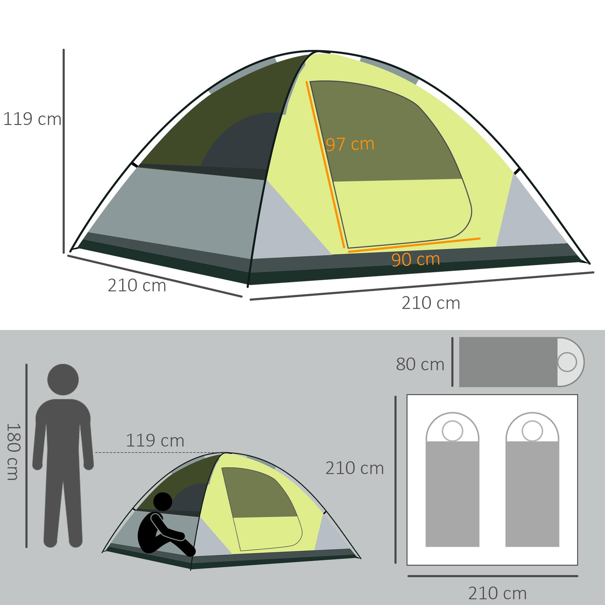 Voir la diapositive 3 : OUTSUNNY Tente de camping 3 personnes - portes zippées, poche rangement, sac transport inclus - dim. 210L x 210l x 119H cm - fibre verre polyester tissu Oxford gris vert