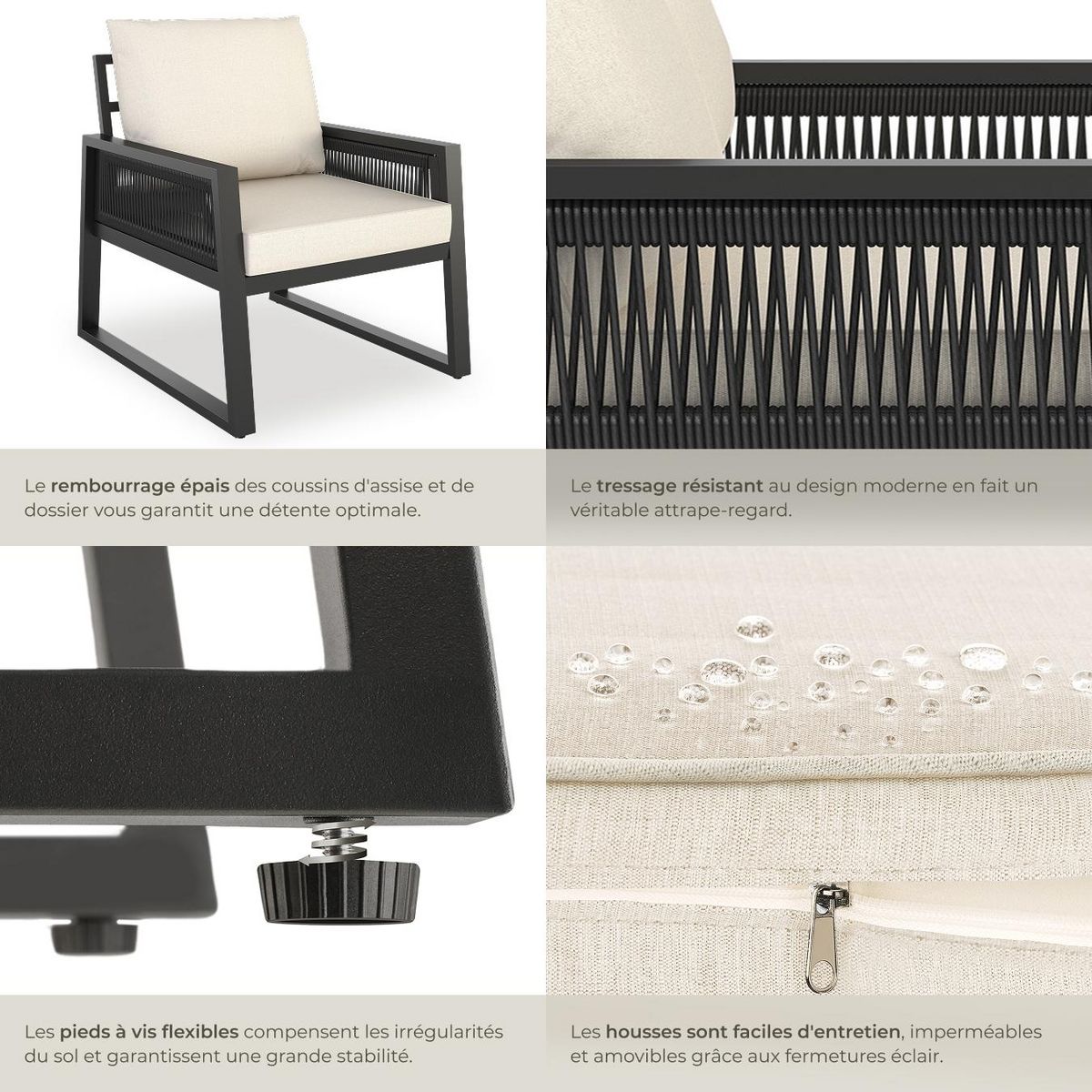 tectake Ensemble de salon de jardin Een design corde avec structure en aluminium gris anthracite