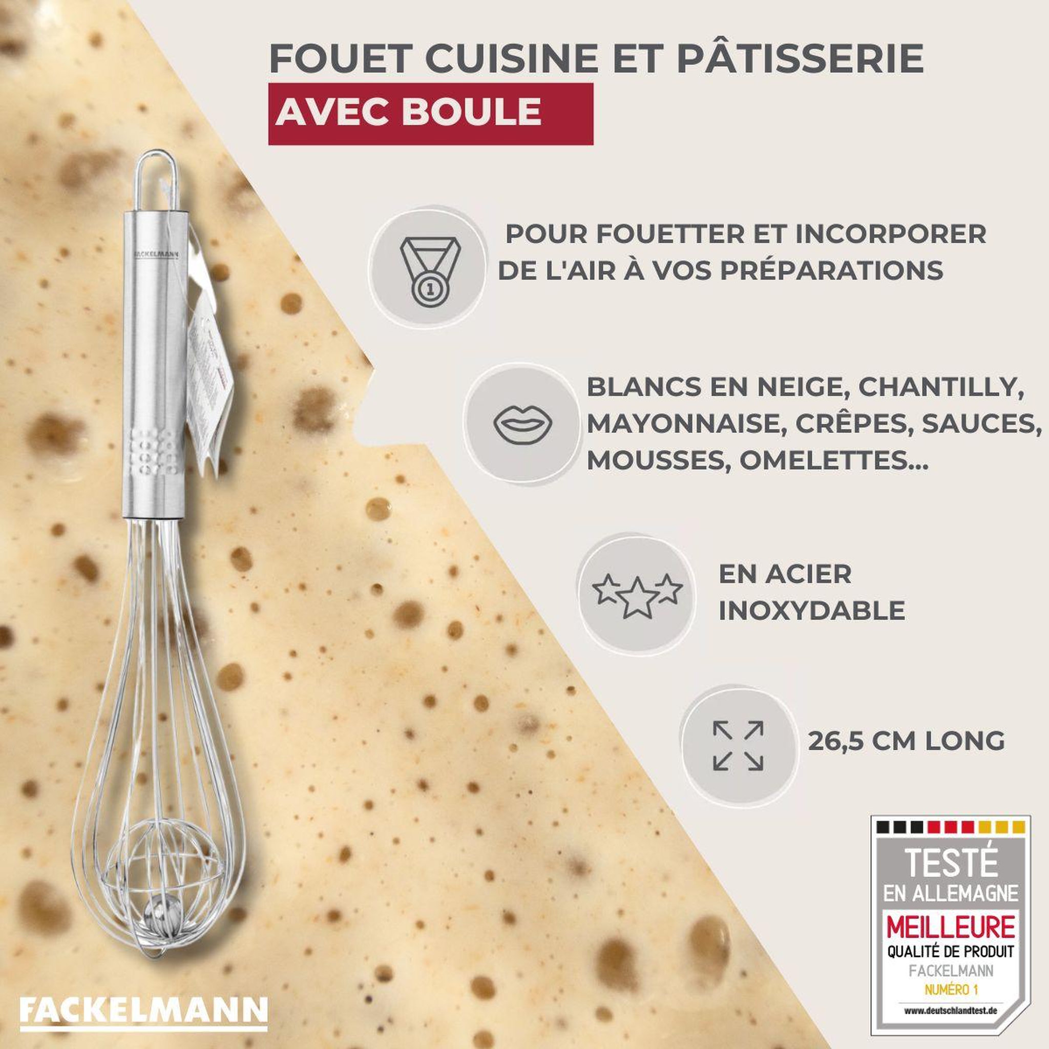 Voir la diapositive 3 : Fackelmann Fouet de cuisine et pâtisserie en inox avec bille 26,5 cm fackelmann ovale limited edition