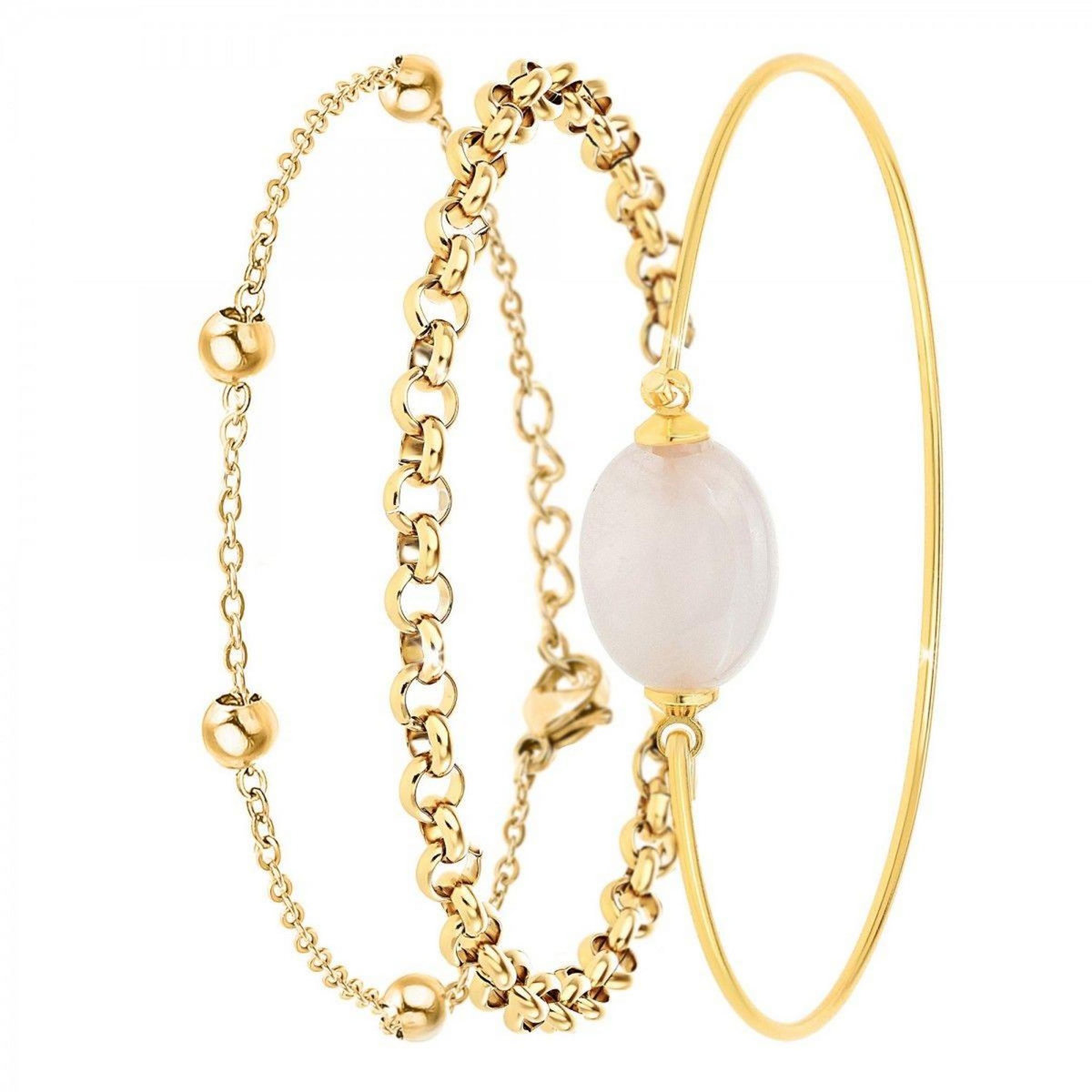 SC BOHEME Lot de 3 bracelets SC Bohème en Laiton Finement doré orné d'un quartz rose