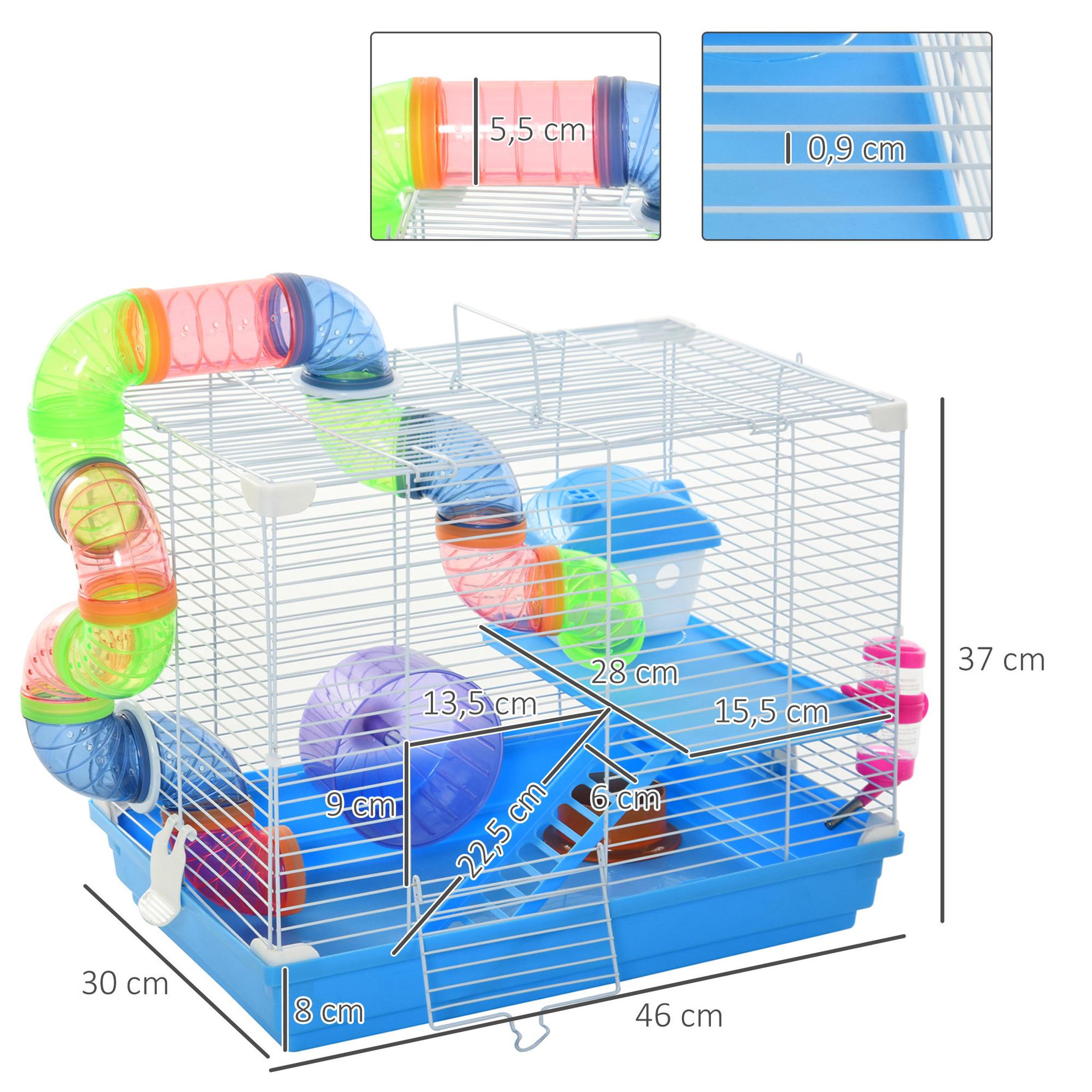 Voir la diapositive 3 : PAWHUT Cage à hamster rongeur 2 niveaux avec tunnel, biberon eau, roue, maisonnette, échelles - dim. 46L x 30l x 37H cm - métal blanc PP bleu