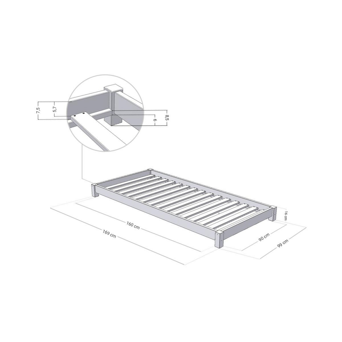 BENLEMI Lit simple en bois TEENY Blanc 90x160cm