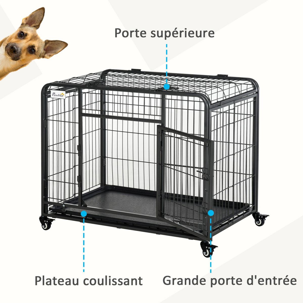 PAWHUT Cage pour chien pliable cage de transport sur roulettes 2 portes verrouillables plateau amovible dim. 94L x 58l x 69H cm m&#xE9;tal gris noir