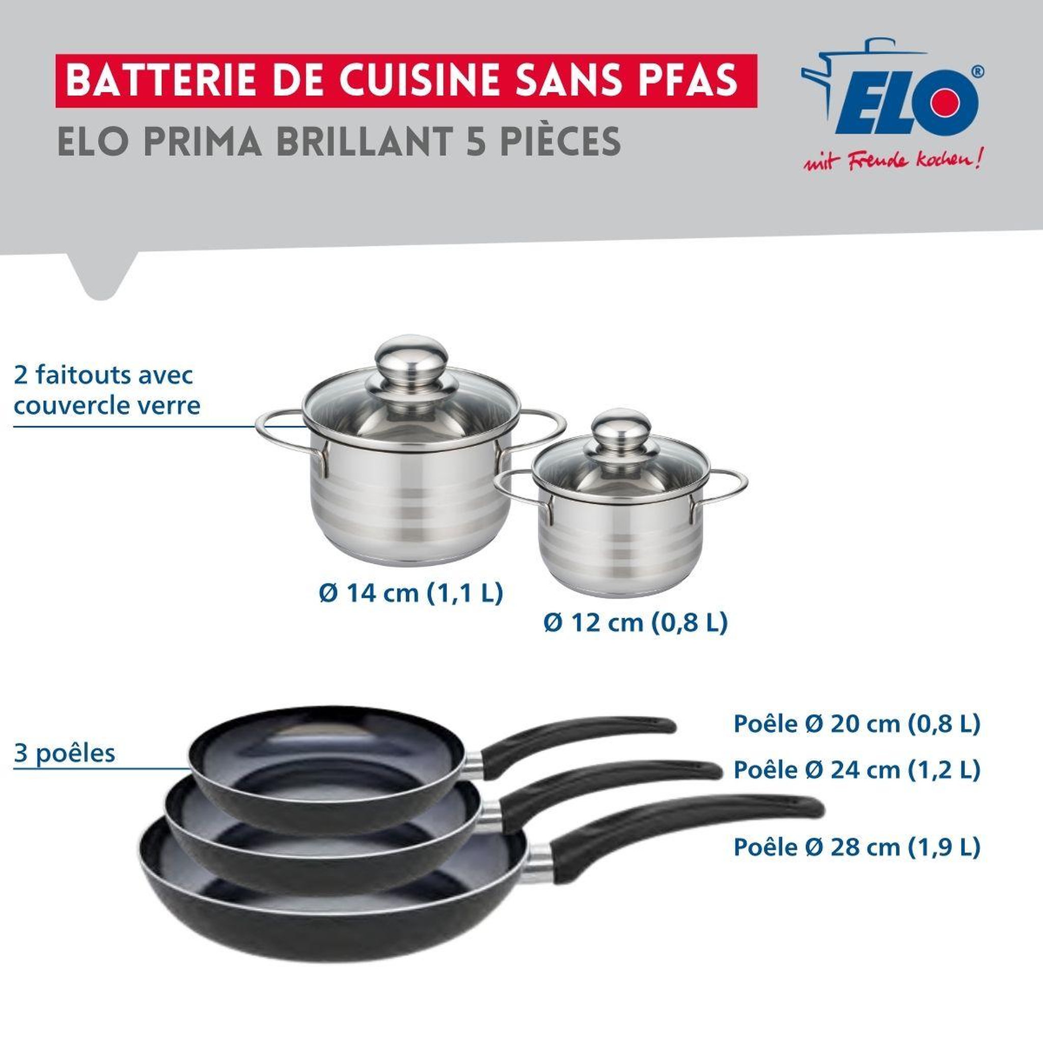 Voir la diapositive 2 : ELO Ensemble de 3 poêles de cuisson 20, 24 et 28 cm et 2 faitouts 12 et 14 cm elo prima brillant