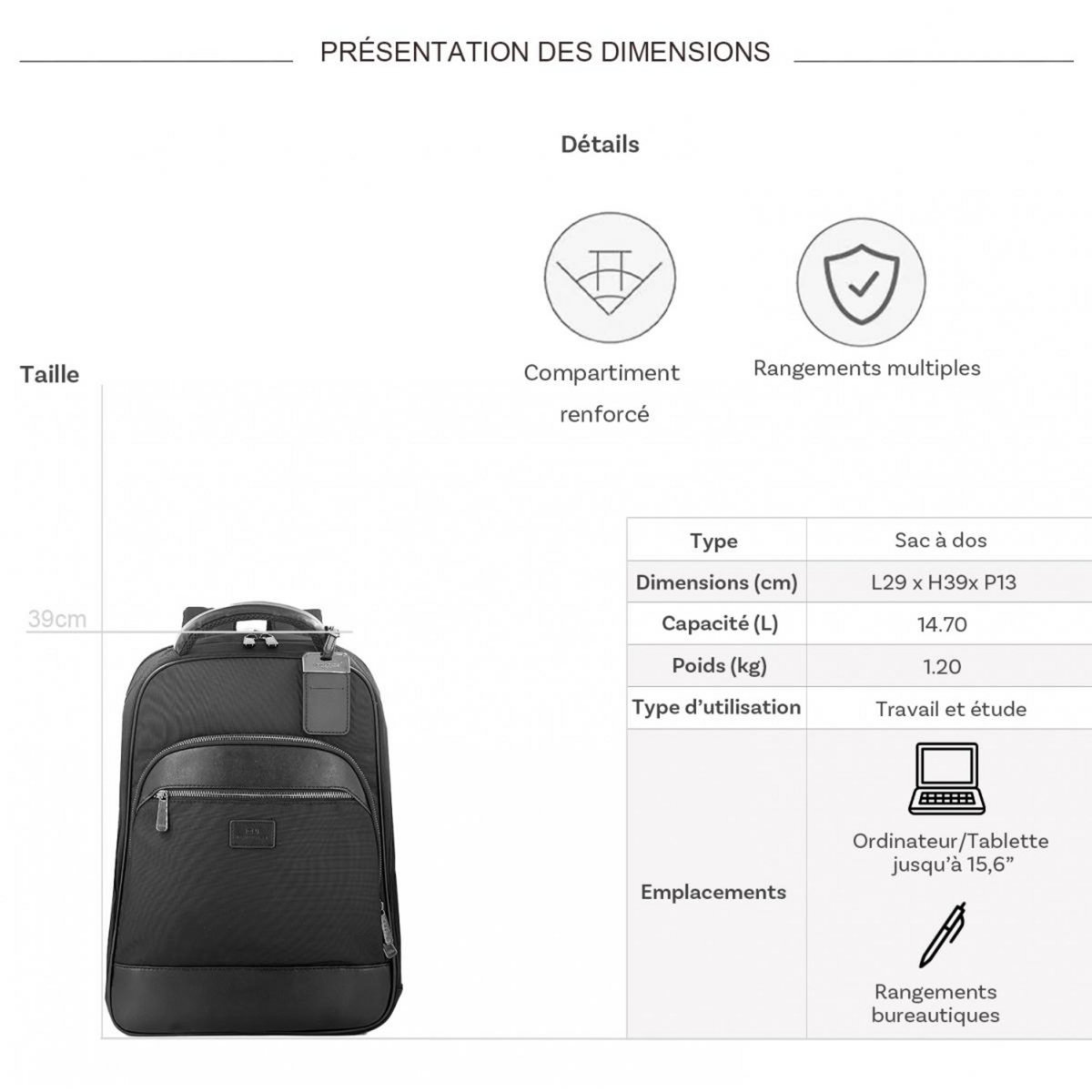 David Jones Sac à dos porte-ordinateur 15.6