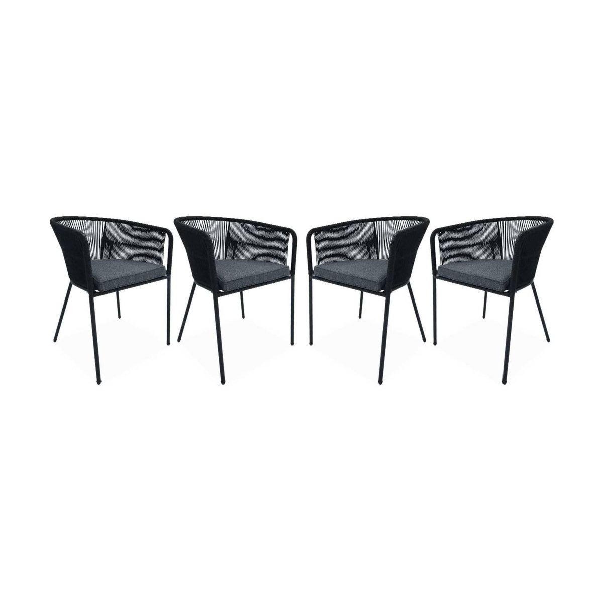 SWEEEK Lot de 4 fauteuils de jardin en corde noire et acier galvanisé. coussin gris