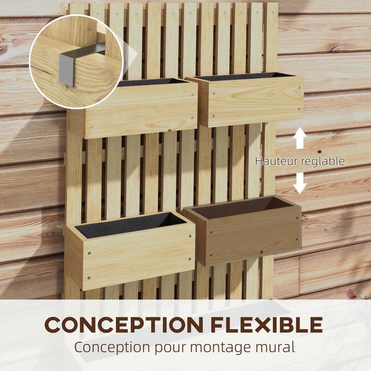 OUTSUNNY Jardinière murale potager avec 5 bacs amovibles ajustables - dim. 60L x 16l x 100H cm - bois sapin verni