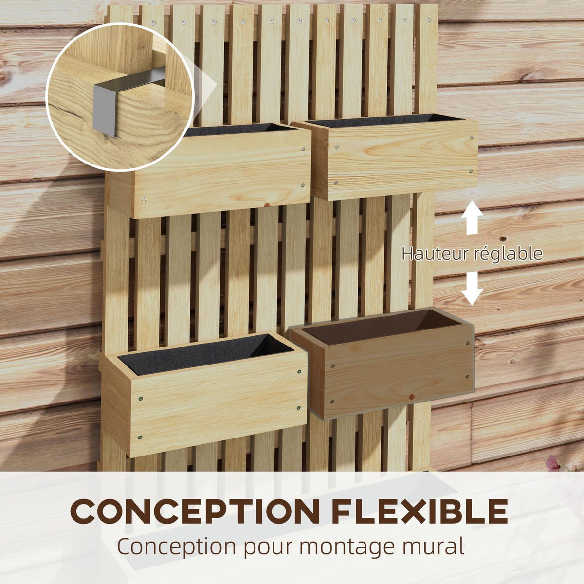 OUTSUNNY Jardinière murale potager avec 5 bacs amovibles ajustables - dim. 60L x 16l x 100H cm - bois sapin verni