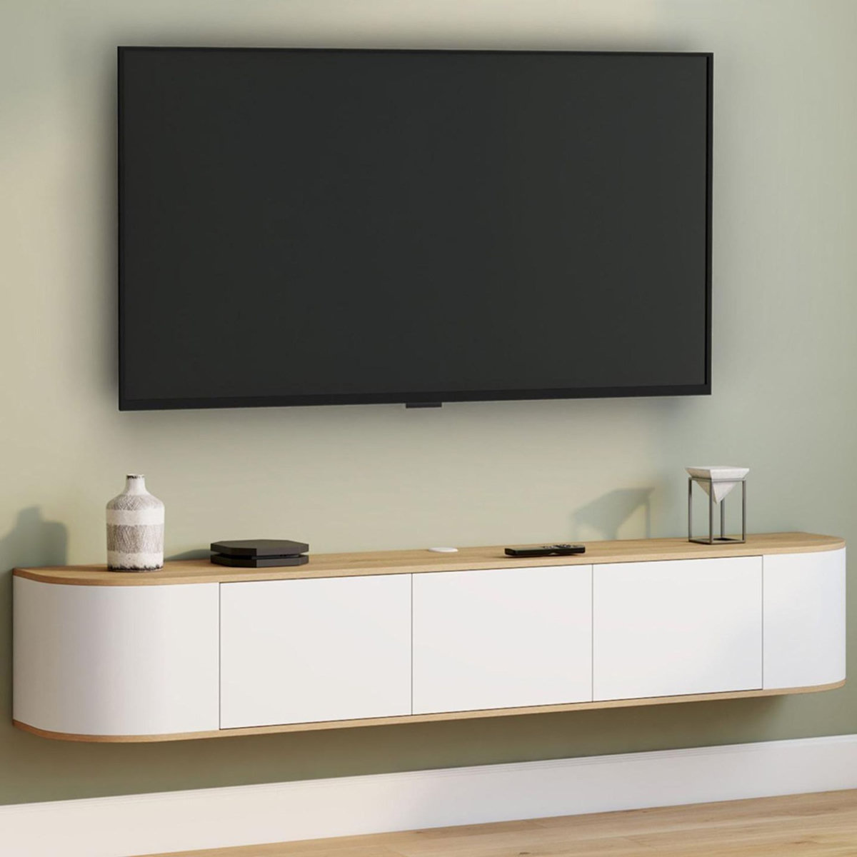 ID MARKET Meuble TV 180 cm suspendu LEORA 3 portes bois et blanc