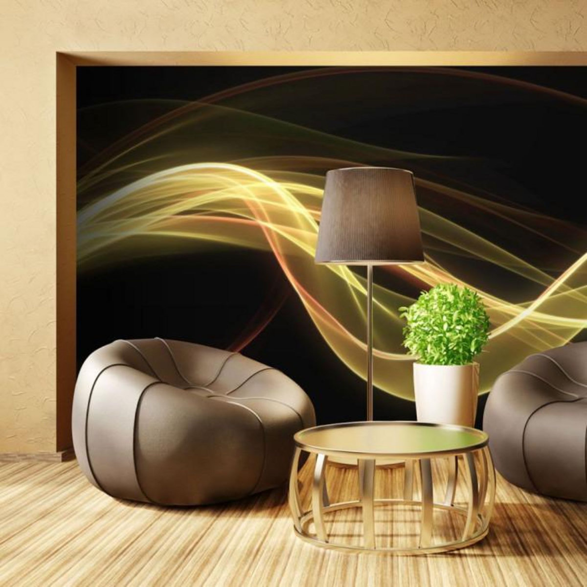 Paris Prix Papier Peint  Onde Dynamique Jaune sur Fond Noir  270x450cm