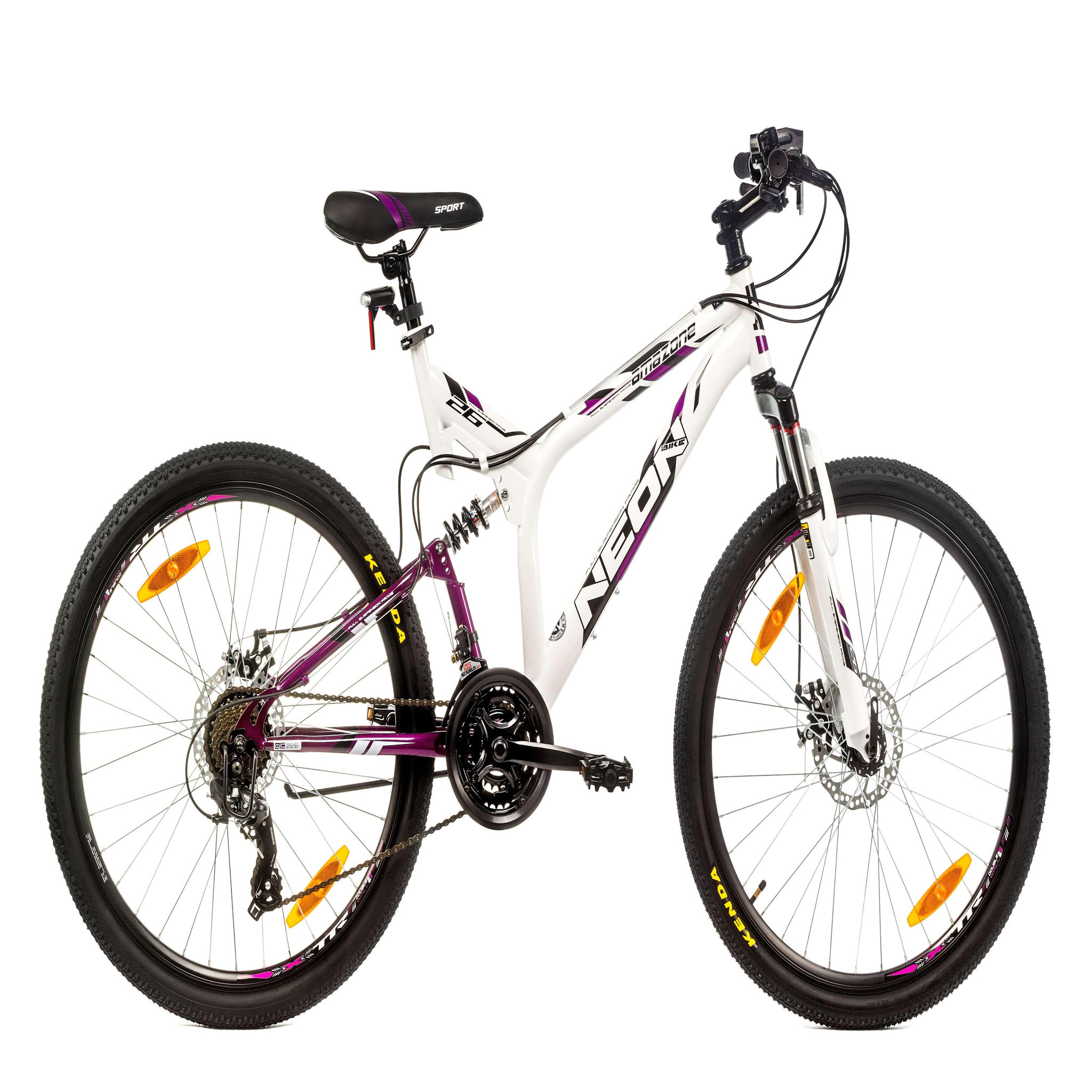 Voir la diapositive 1 : Vélo VTT 26'' Tout Suspendu Femme   Amazone / Neon   - Cadre acier - Double Freins à Disque - Potence Head set - Dérailleur arrière  Shimano Tourney TY300 - Poignées à Gâchettes Shimano ST-EF500