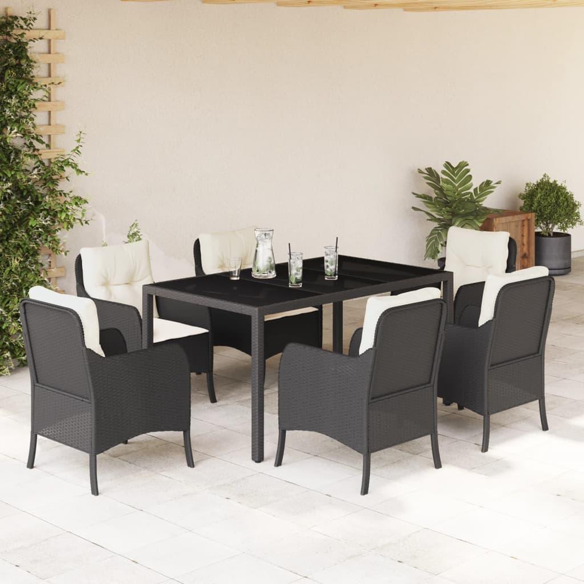 VIDAXL Ensemble a manger de jardin coussins 7pcs Noir Resine tressee