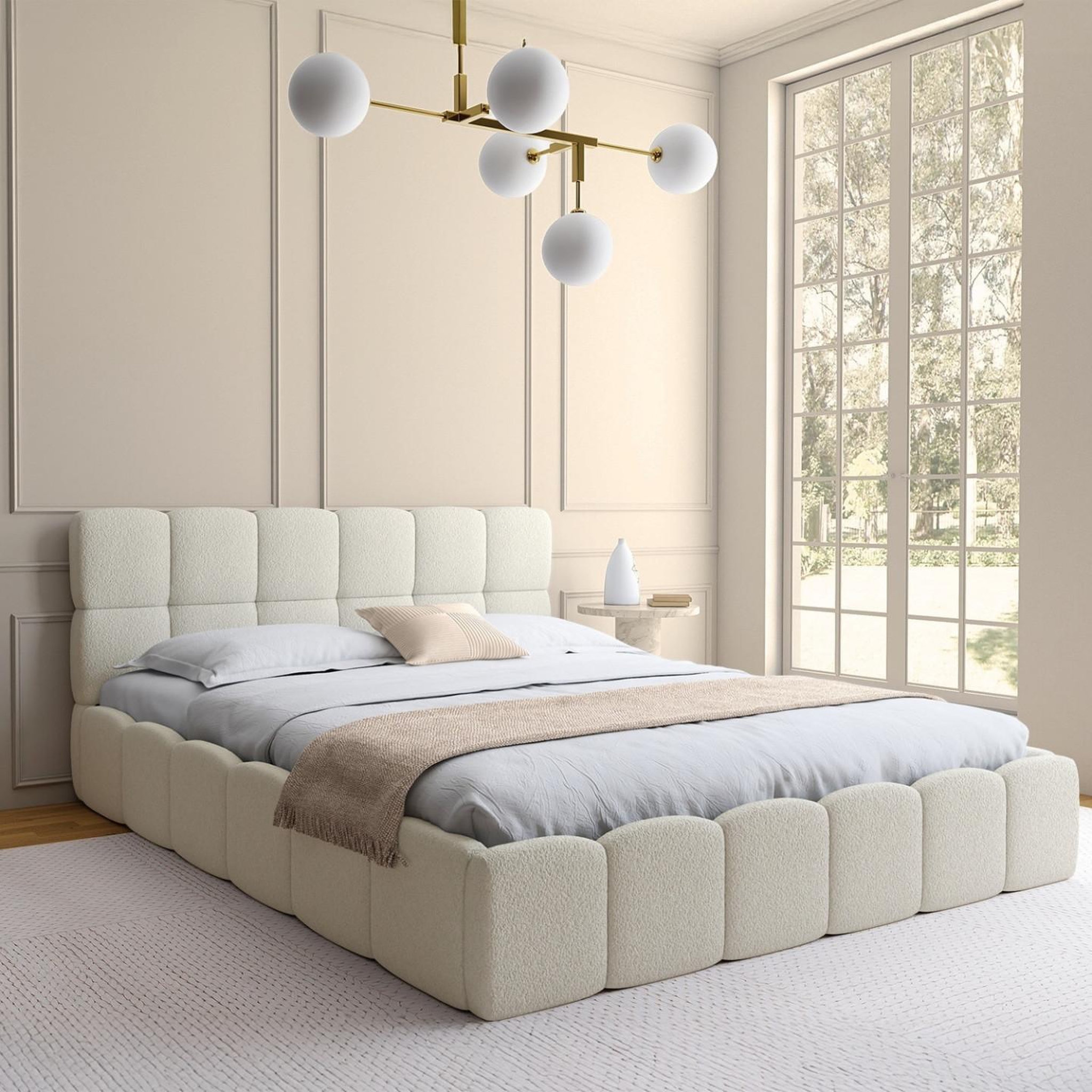 Voir la diapositive 4 : ID MARKET Lit coffre double nuage avec tête de lit matelassée et sommier 160 x 200 cm tissu bouclette blanc