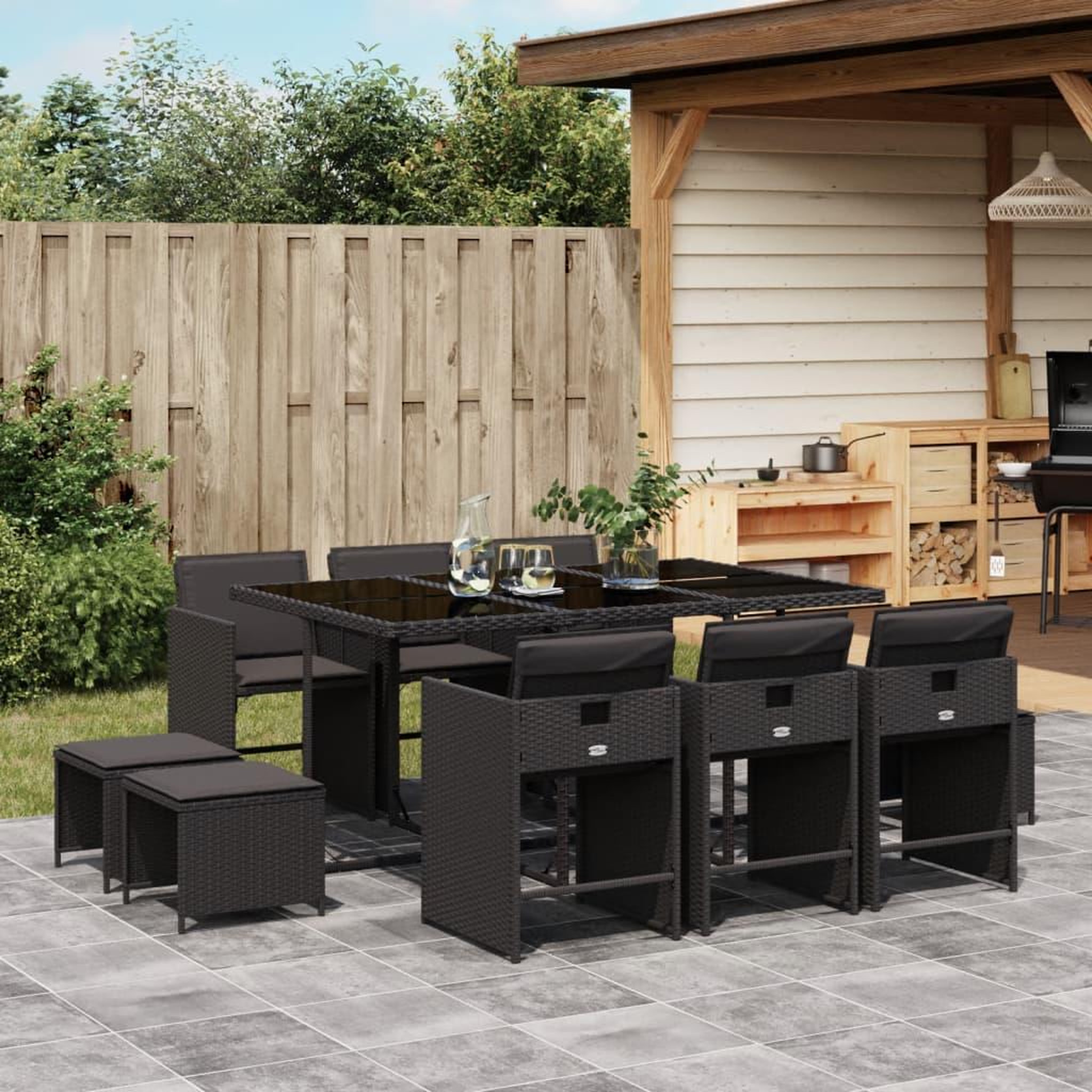 VIDAXL Ensemble a manger de jardin 11 pcs coussins noir resine tressee