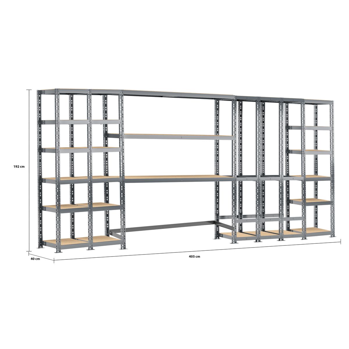 Concept rangement de garage MODULÖ STORAGE SYSTEME EXTENSION 5 étagères 21 plateaux longueur 405 cm