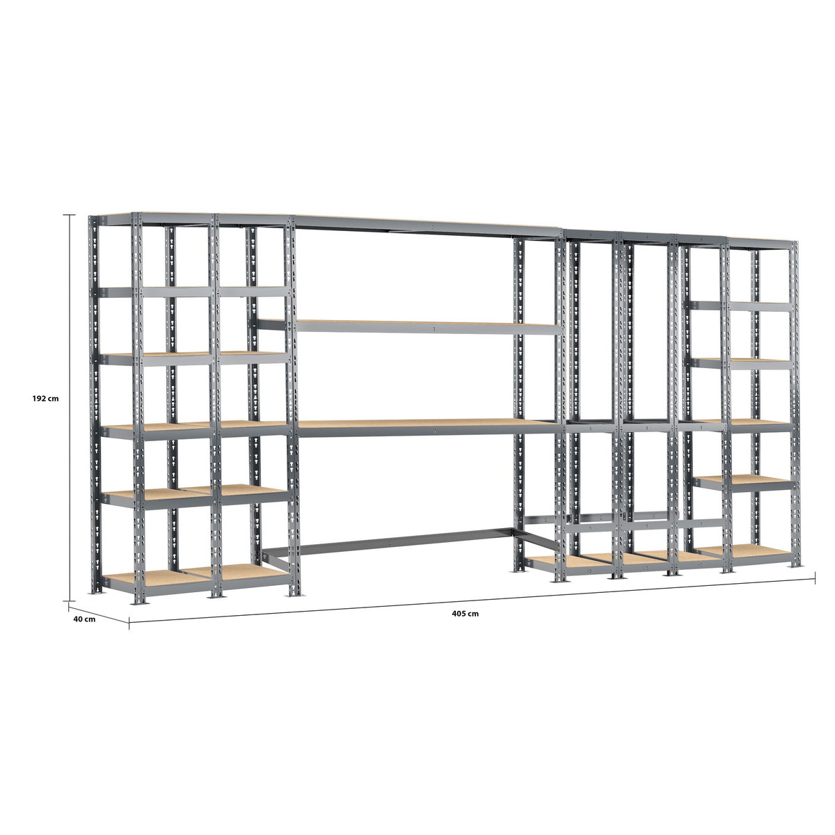 Concept rangement de garage MODULÖ STORAGE SYSTEME EXTENSION 5 étagères 21 plateaux longueur 405 cm
