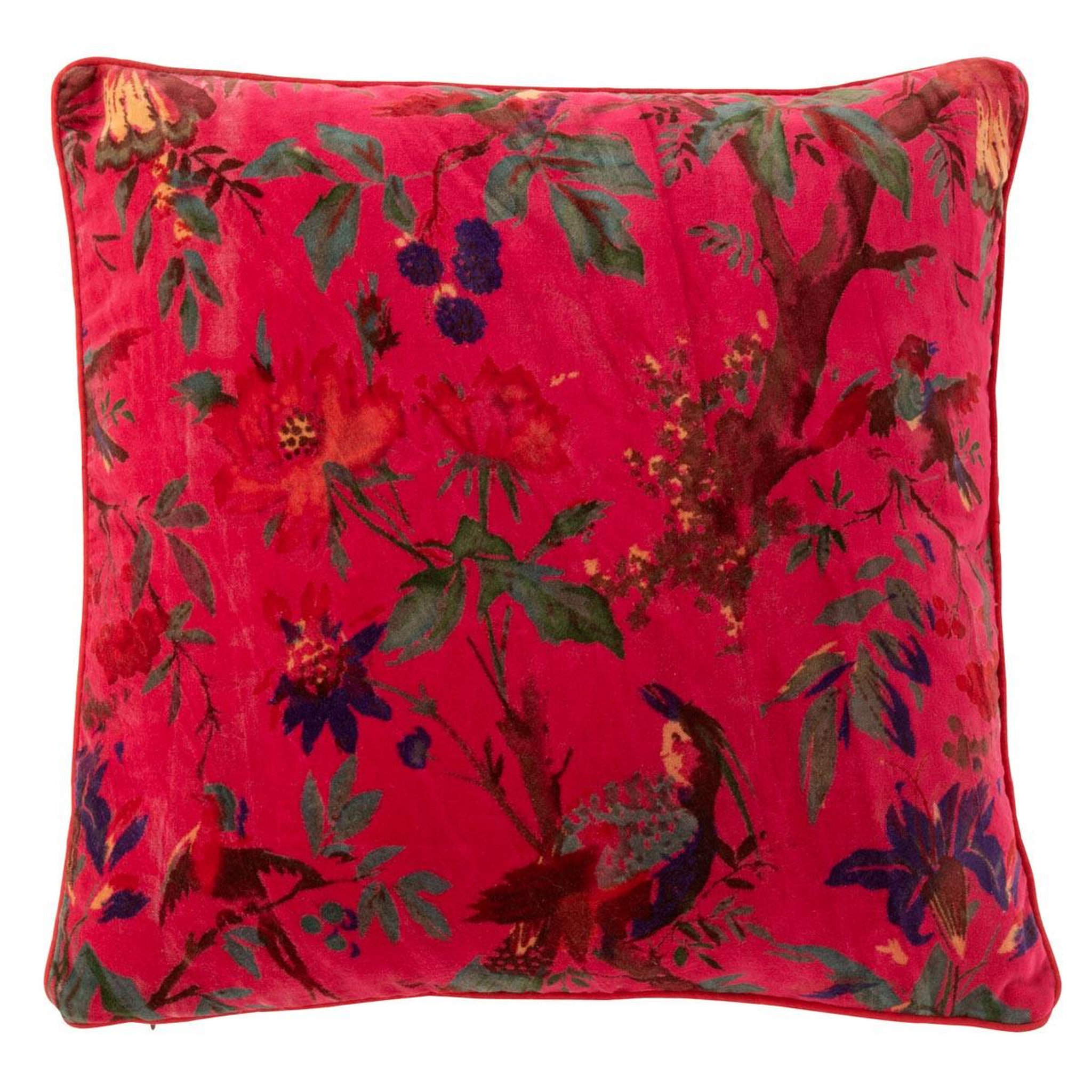 J-LINE Coussin déco en velours  oiseaux fleurs  45x45cm rose