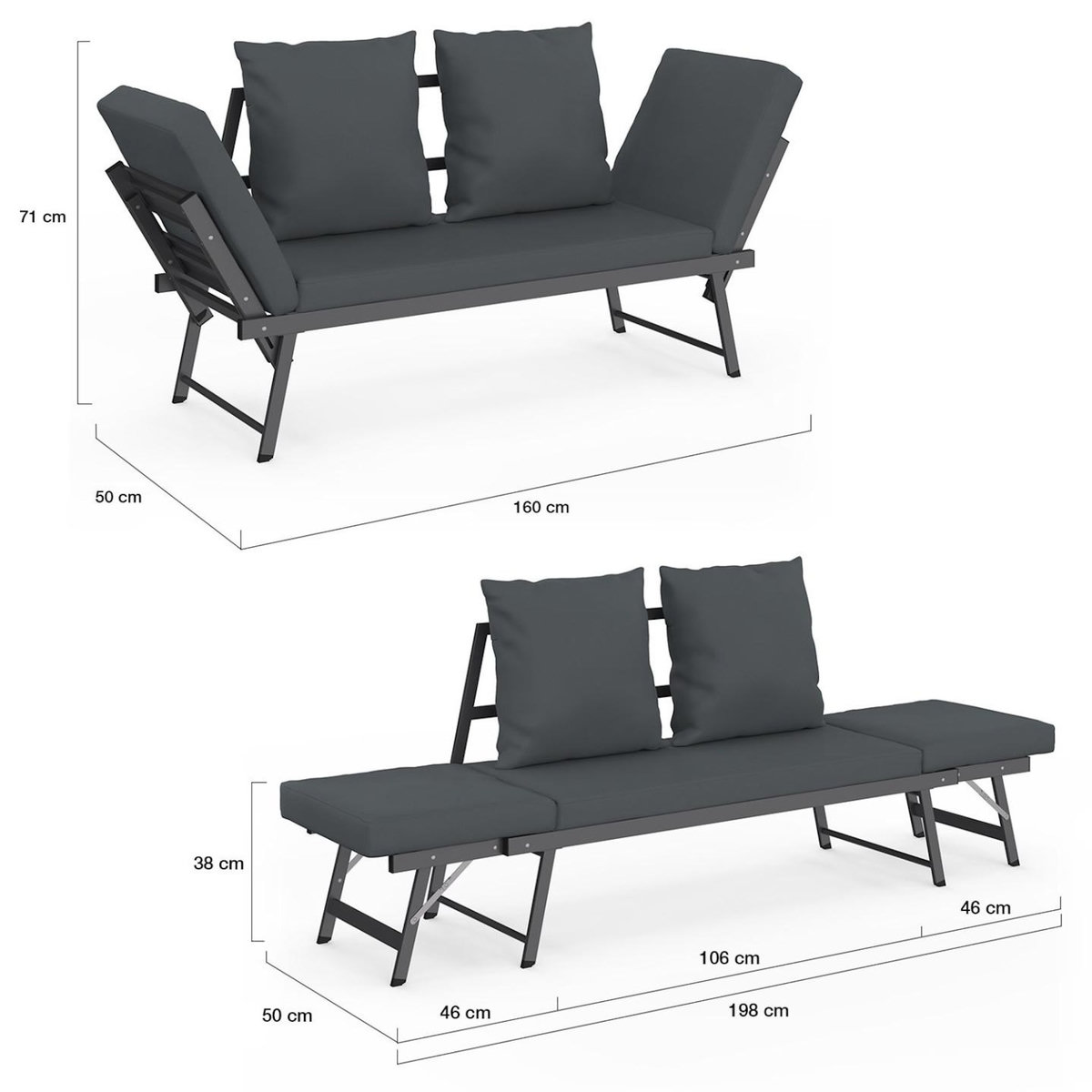 ID MARKET Canapé de jardin, banquette convertible NOLA 2/3 places avec accoudoirs inclinables métal et coussins gris anthracite