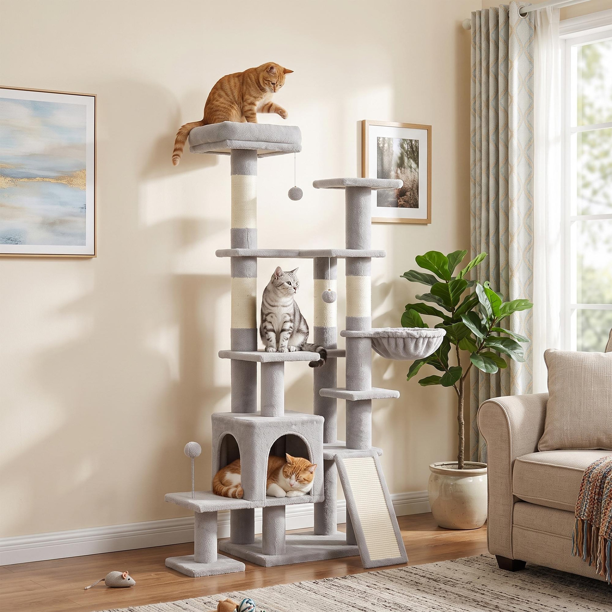 Voir la diapositive 6 : PAWHUT Arbre à chat 5 niv. H.152 cm multi-équipé gris clair