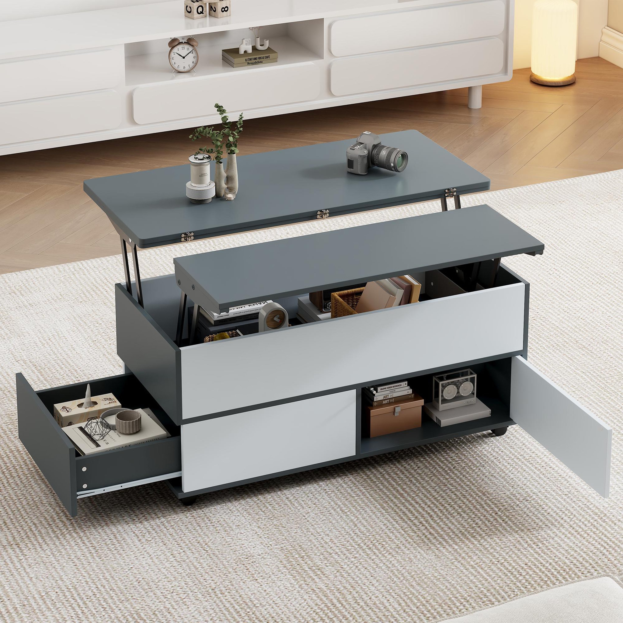 Voir la diapositive 5 : MERAX Table basse relevable rectangulaire gris - 98x100 cm panneau de particules