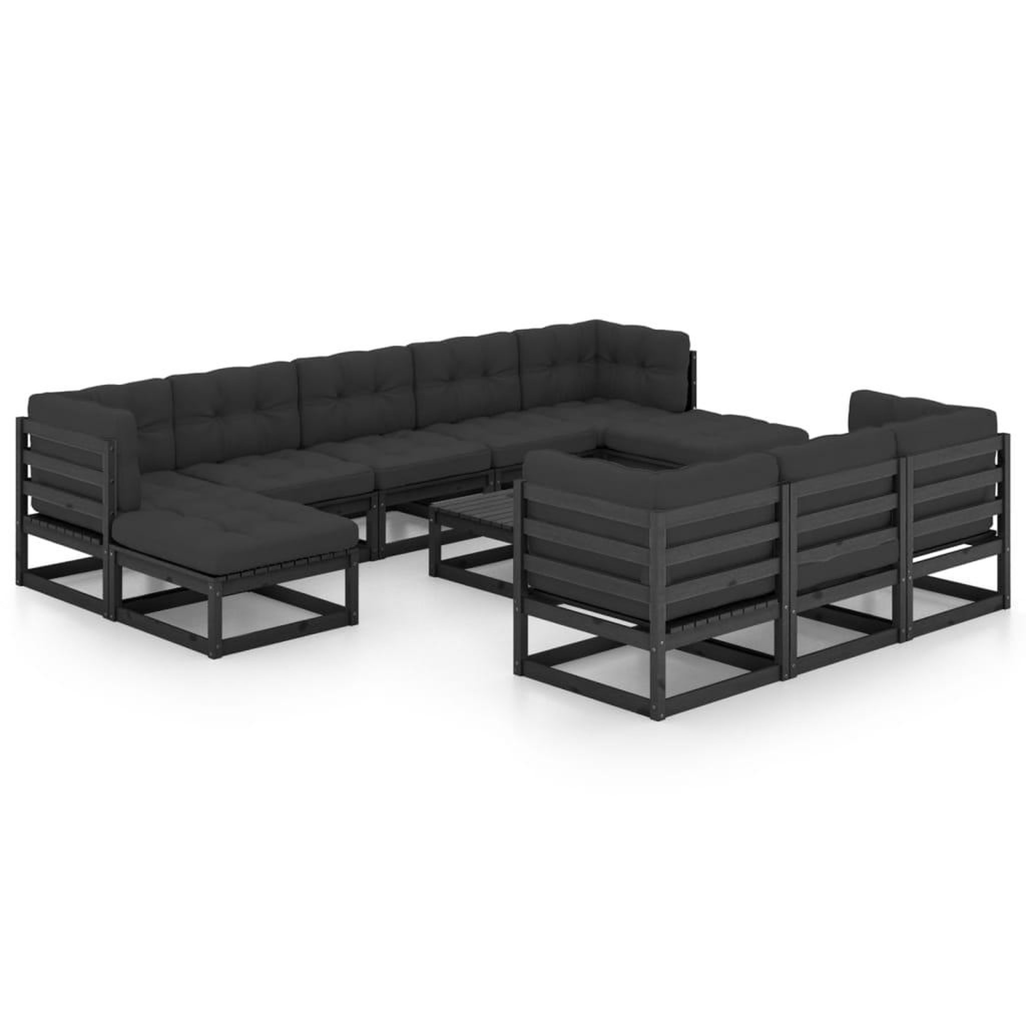 Voir la diapositive 2 : VIDAXL Salon de jardin 11 pcs avec coussins Noir Bois de pin massif