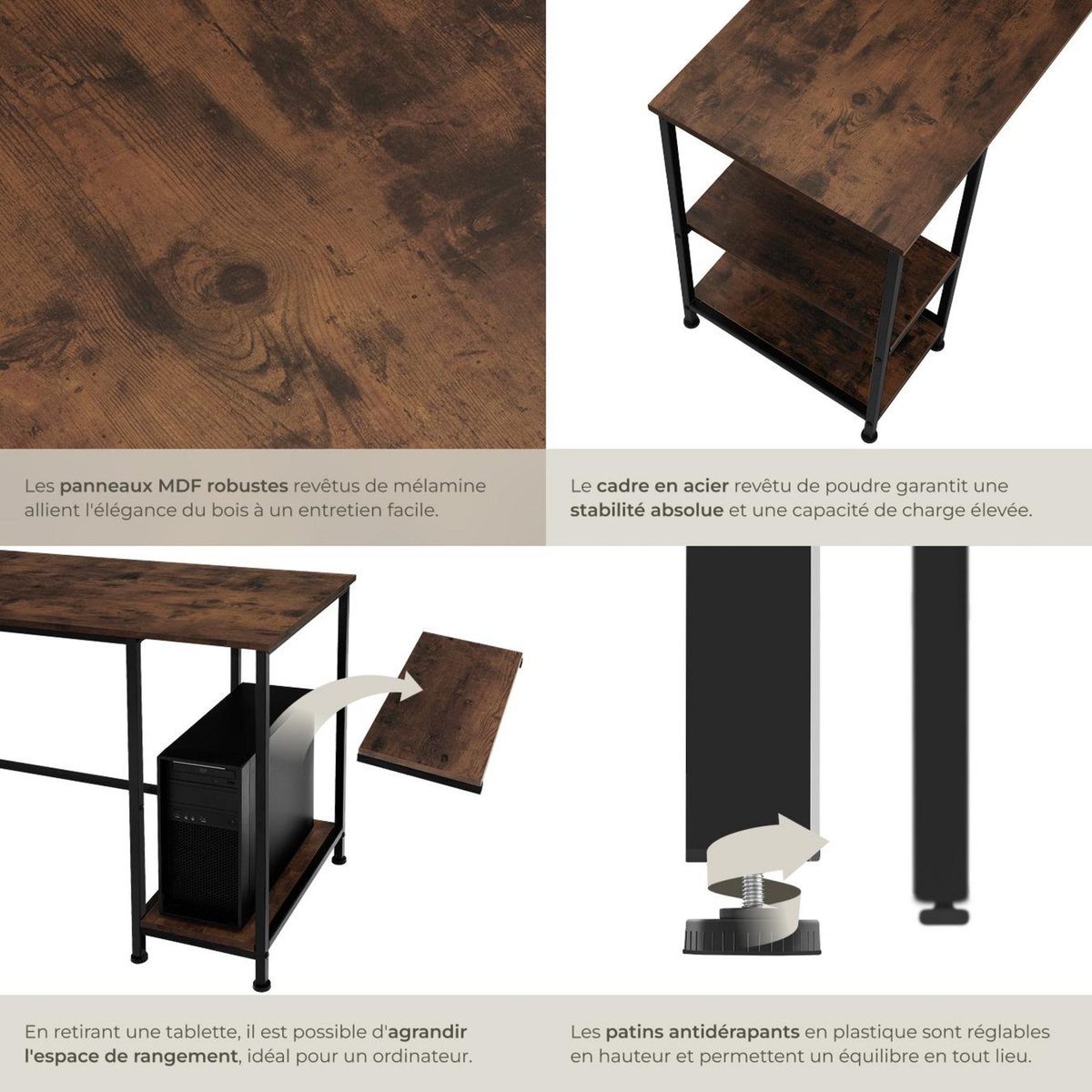 tectake Bureau Style industriel 2 étagères latérales avec 2 compartiments de stockage