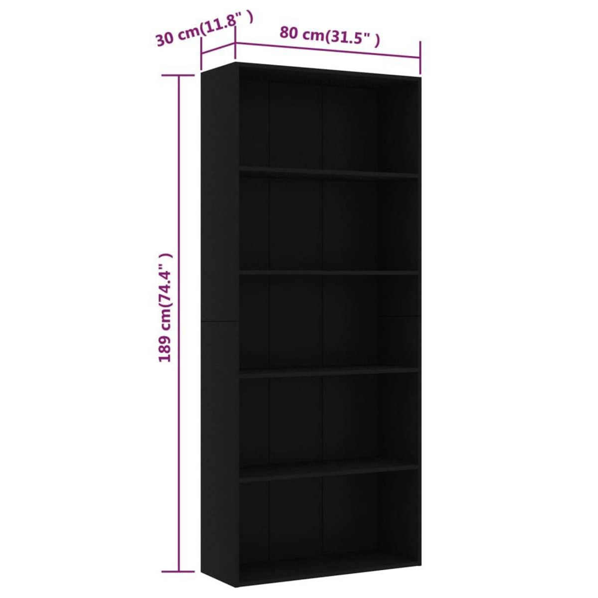 VIDAXL Bibliotheque a 5 niveaux Noir 80x30x189 cm Bois d'ingenierie