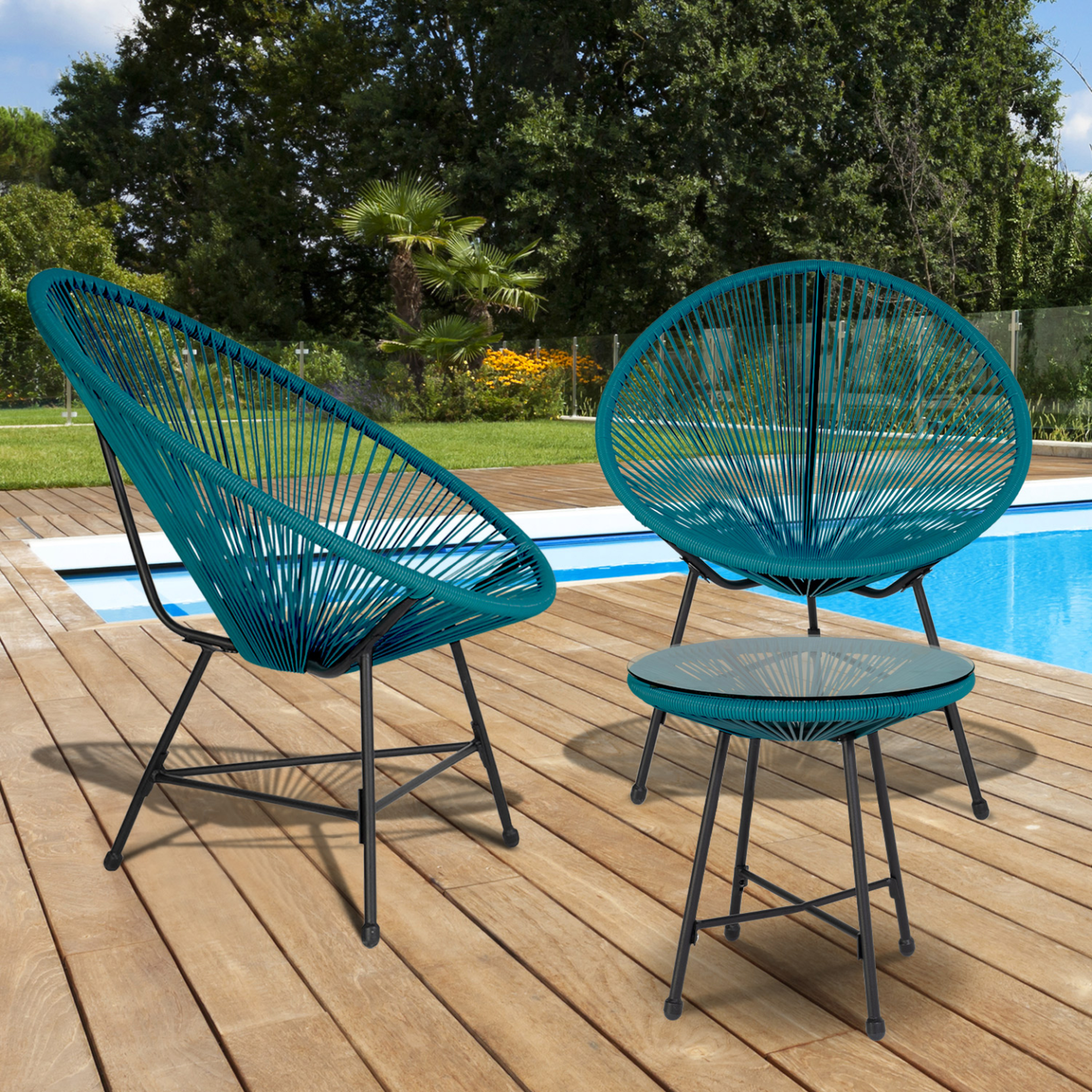 Voir la diapositive 2 : ID MARKET Salon de jardin izmir table et 2 fauteuils oeuf cordage bleu canard