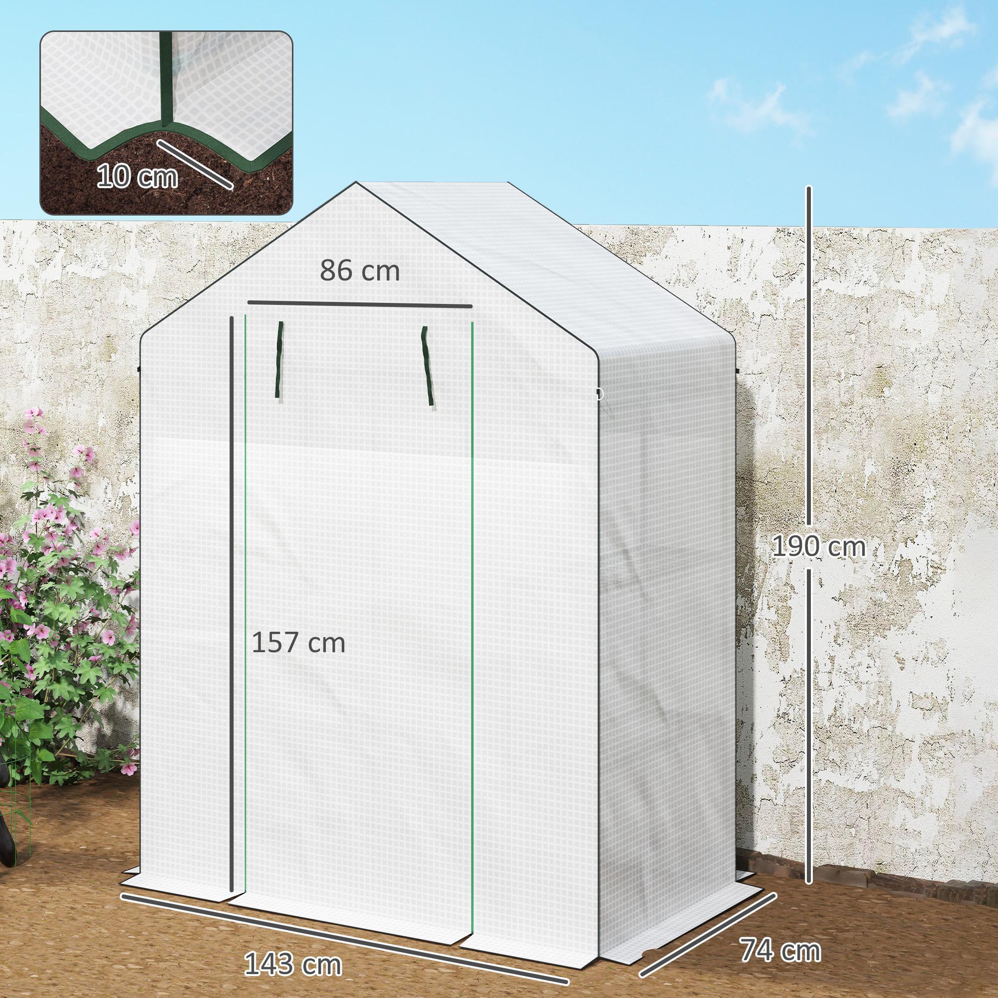 Voir la diapositive 3 : OUTSUNNY Serre de jardin 4 tablettes dim. 1,43l x 0,74l x 1,9h m porte déroulante fenêtre acier pe haute densité blanc