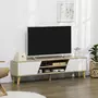 HOMCOM Meuble TV bas sur pied style scandinave 2 portes 2 niches piètement effilé incliné bois panneaux blanc aspect chêne clair